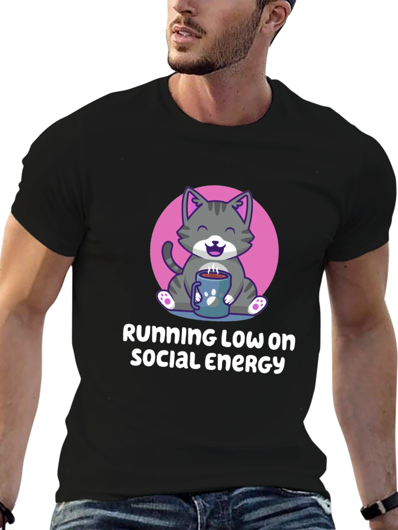 Running Low Social Energy Cat Graphic T-Shirt