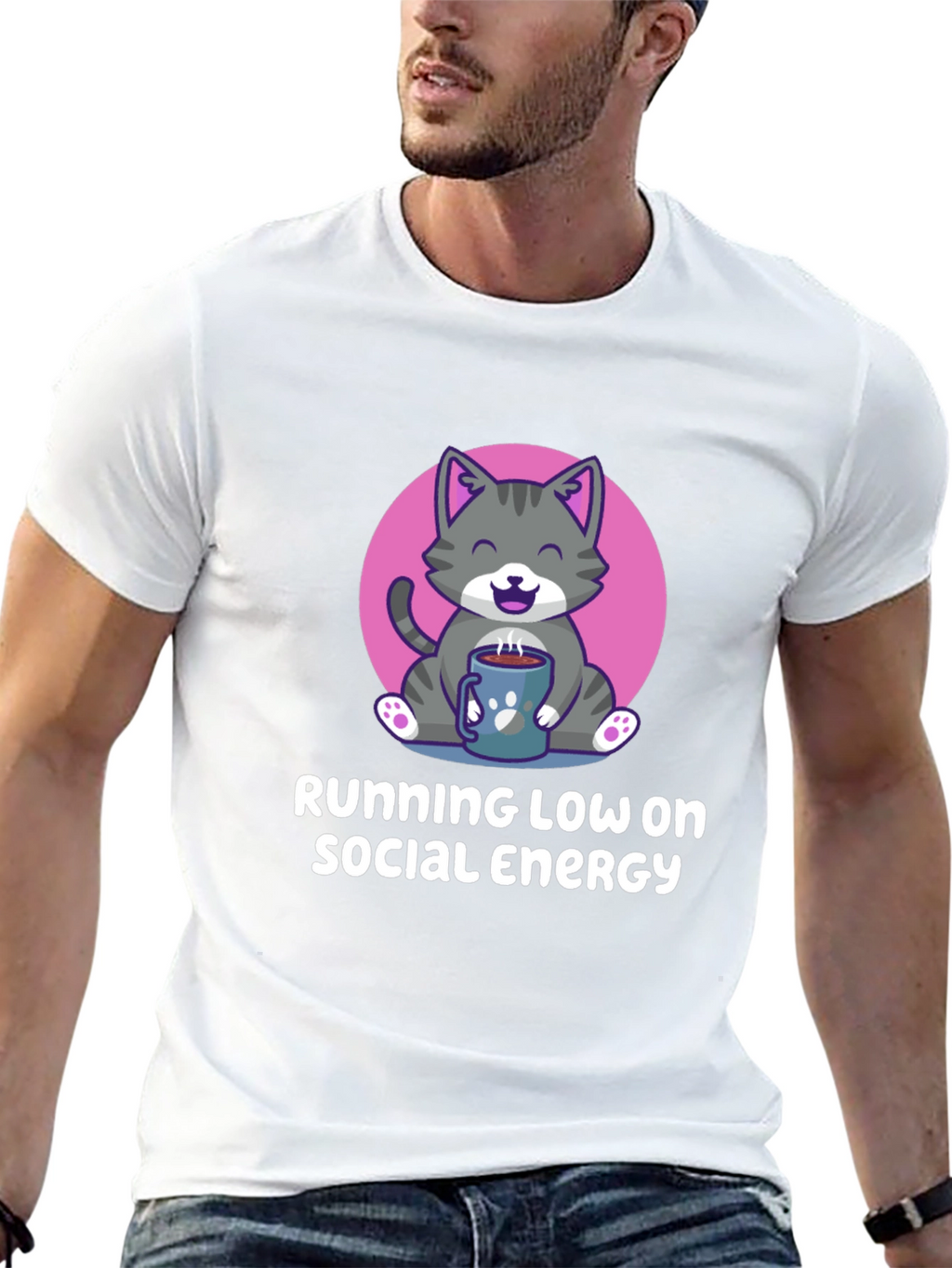 Running Low Social Energy Cat Graphic T-Shirt