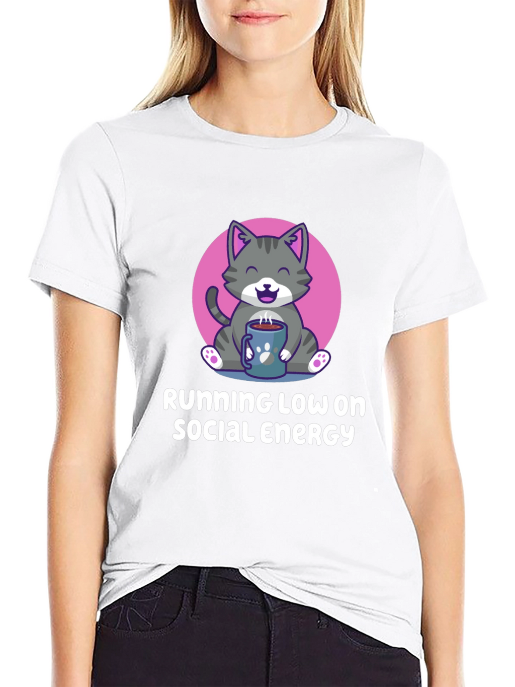 Running Low Social Energy Cat Graphic T-Shirt