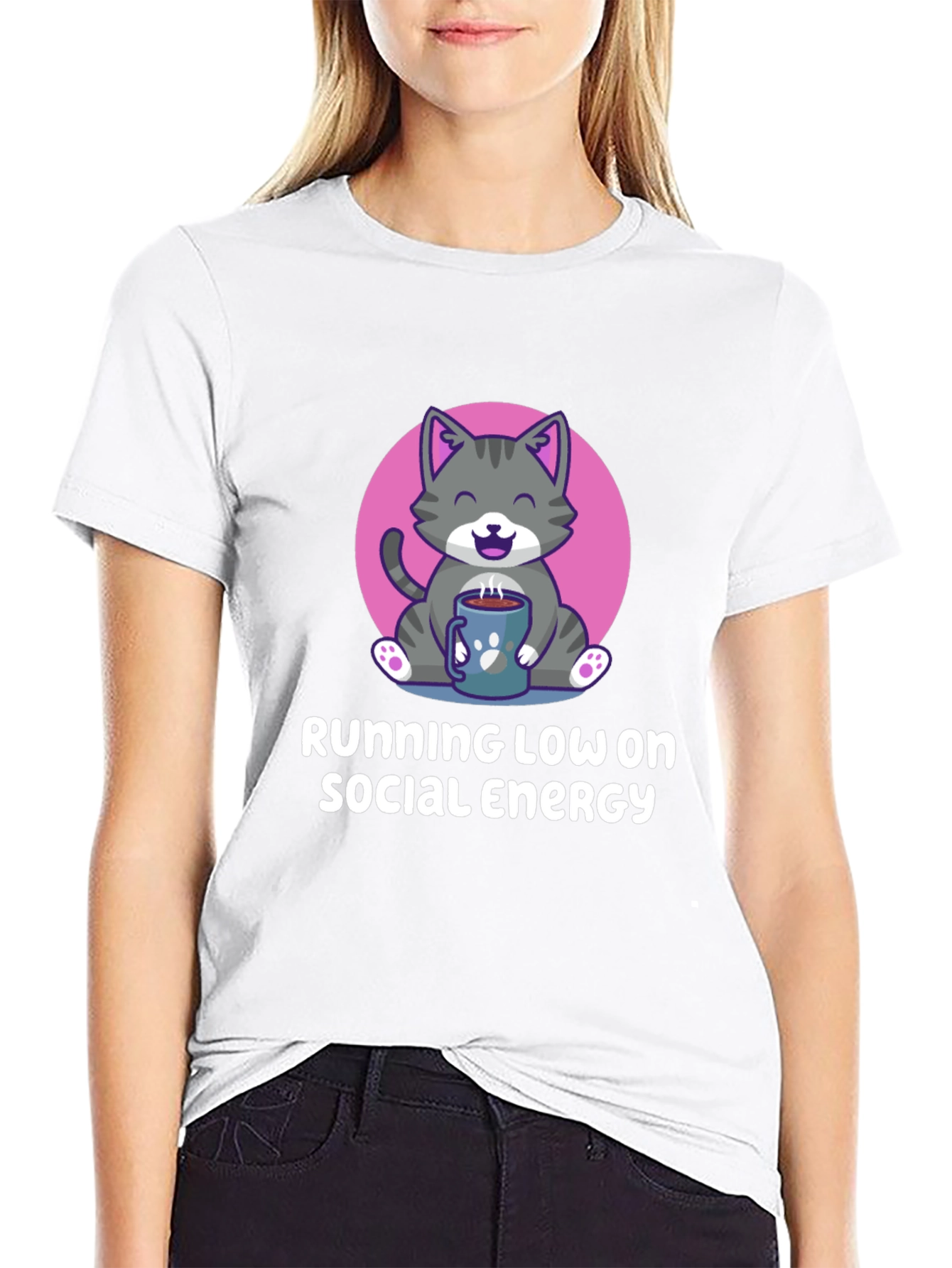 Running Low Social Energy Cat Graphic T-Shirt