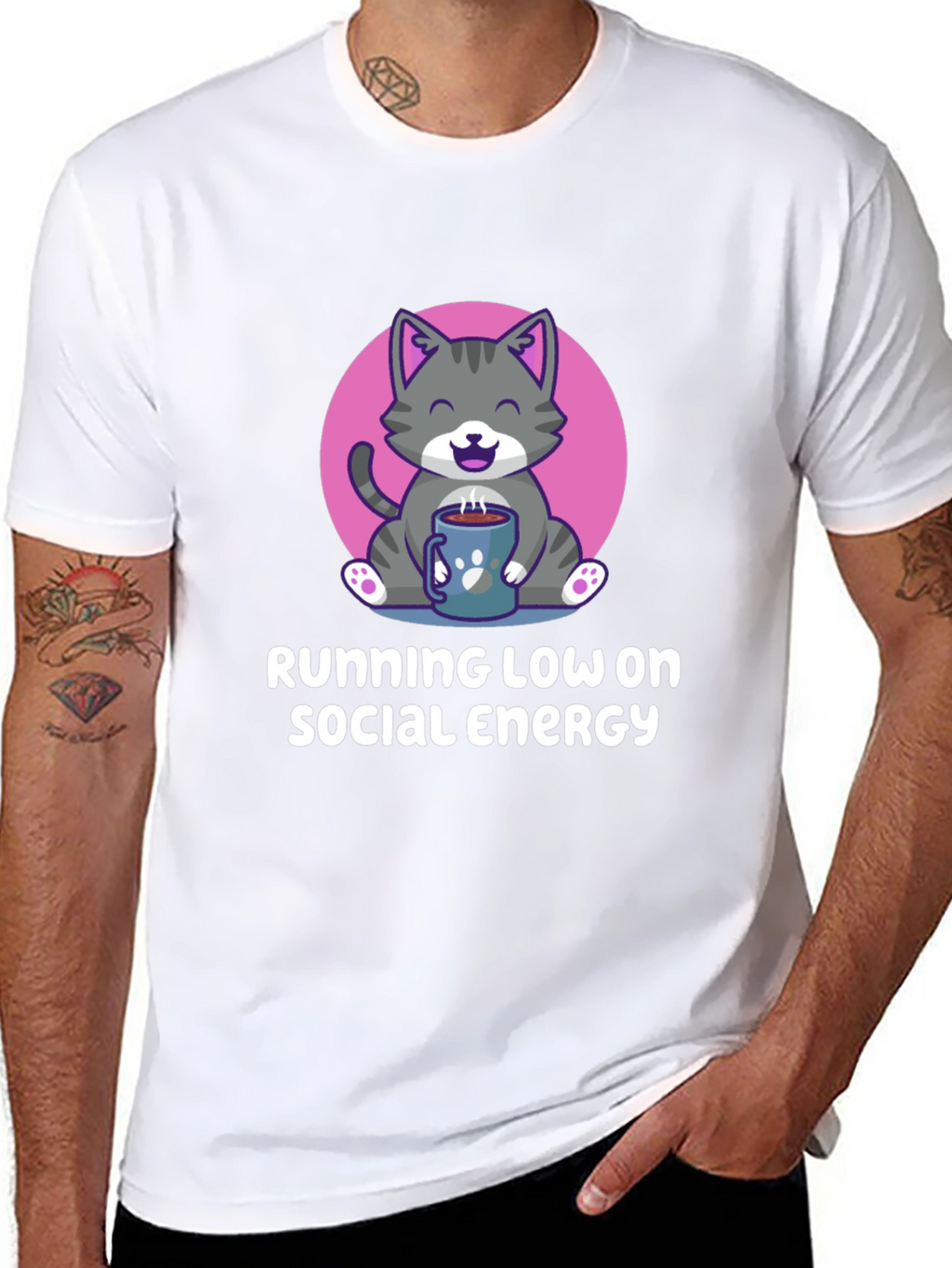 Running Low Social Energy Cat Graphic T-Shirt