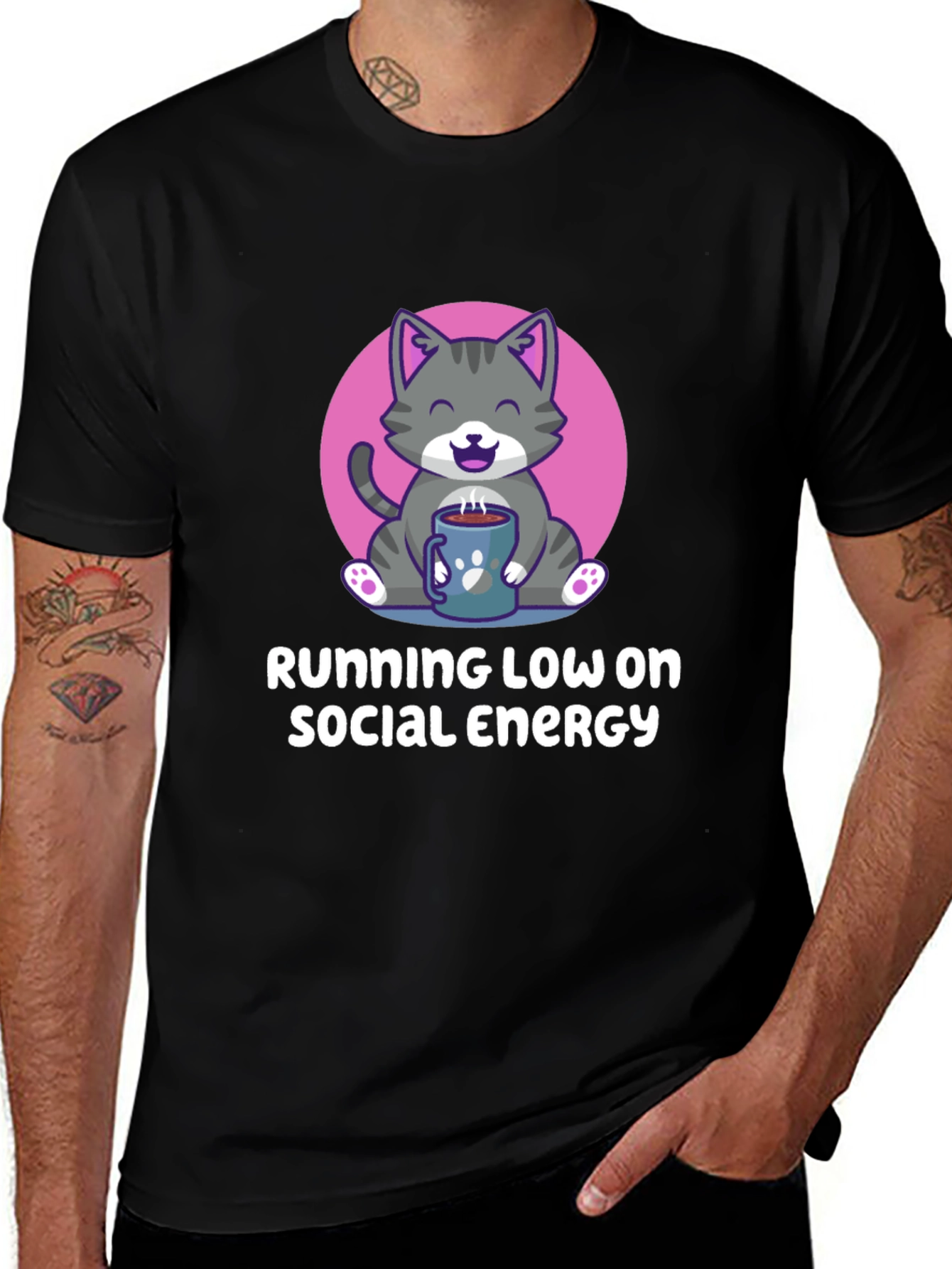 Running Low Social Energy Cat Graphic T-Shirt