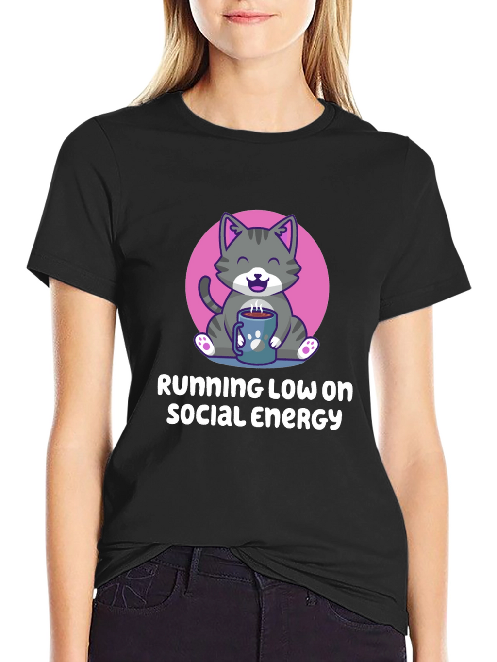 Running Low Social Energy Cat Graphic T-Shirt