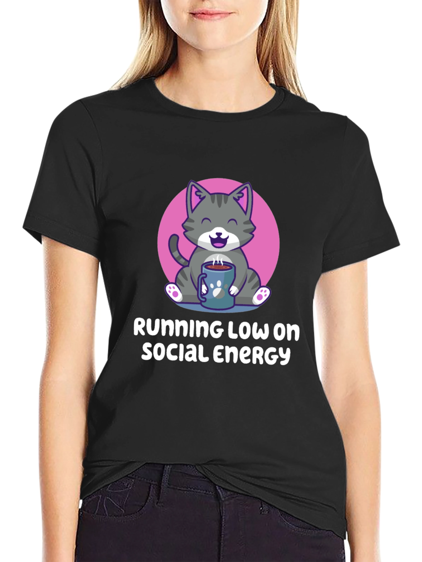 Running Low Social Energy Cat Graphic T-Shirt