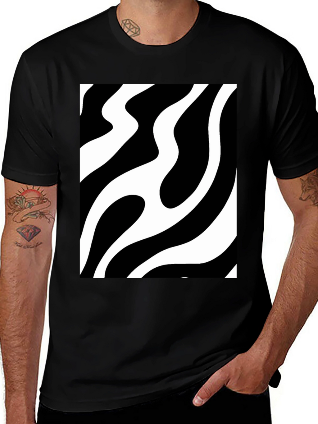 Abstract Wave Pattern Black T-Shirt