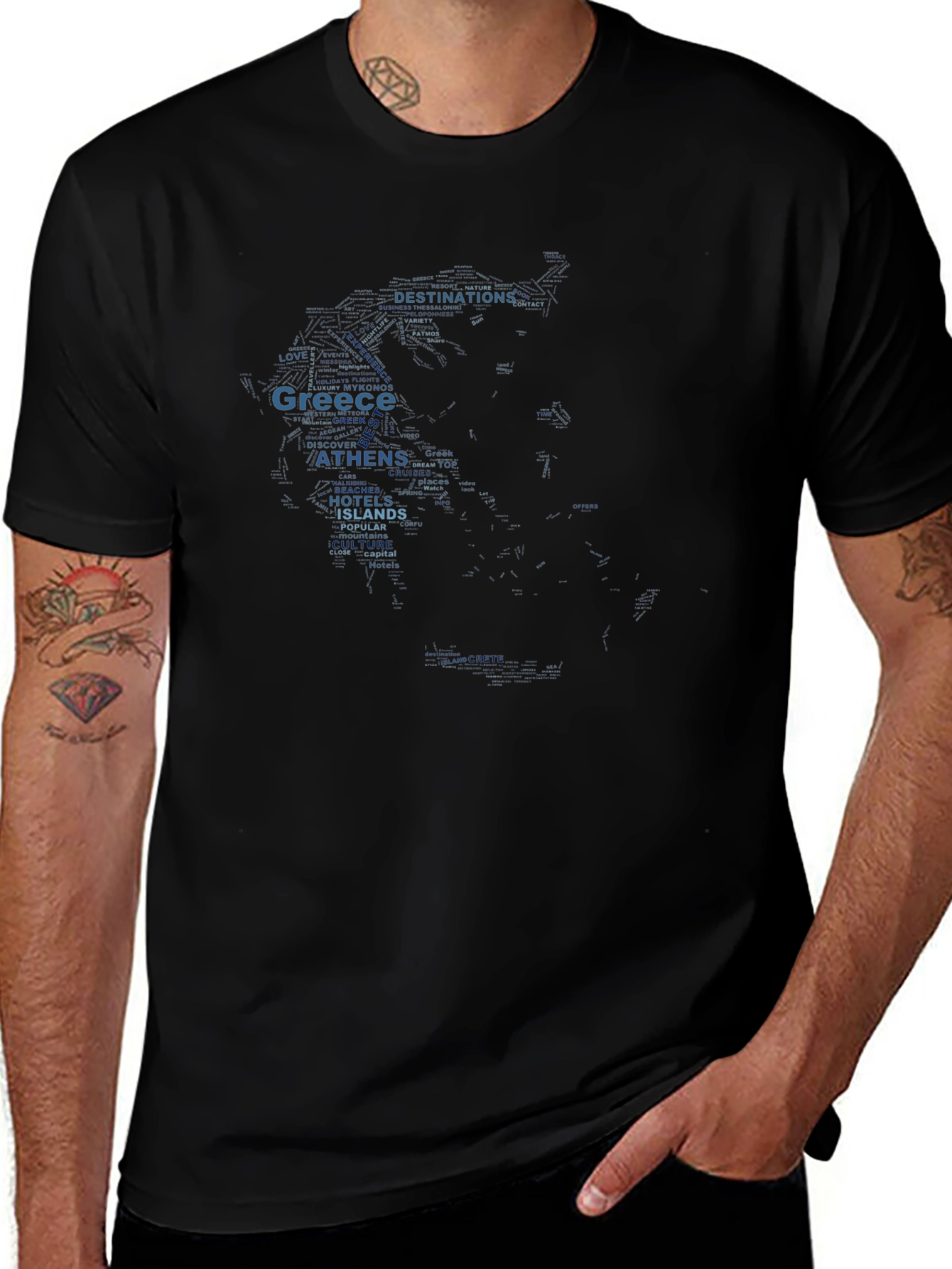 Greece Map Word Art Black T-Shirt Souvenir Travel Tee