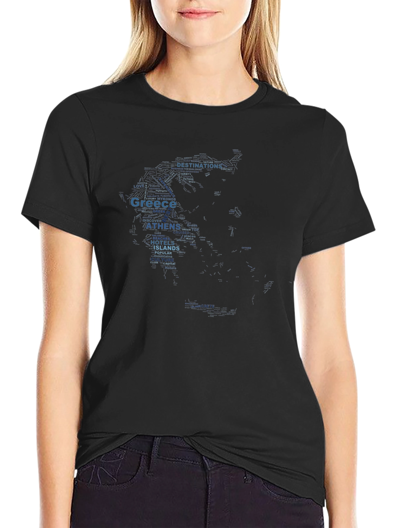 Greece Map Word Art Black T-Shirt Souvenir Travel Tee