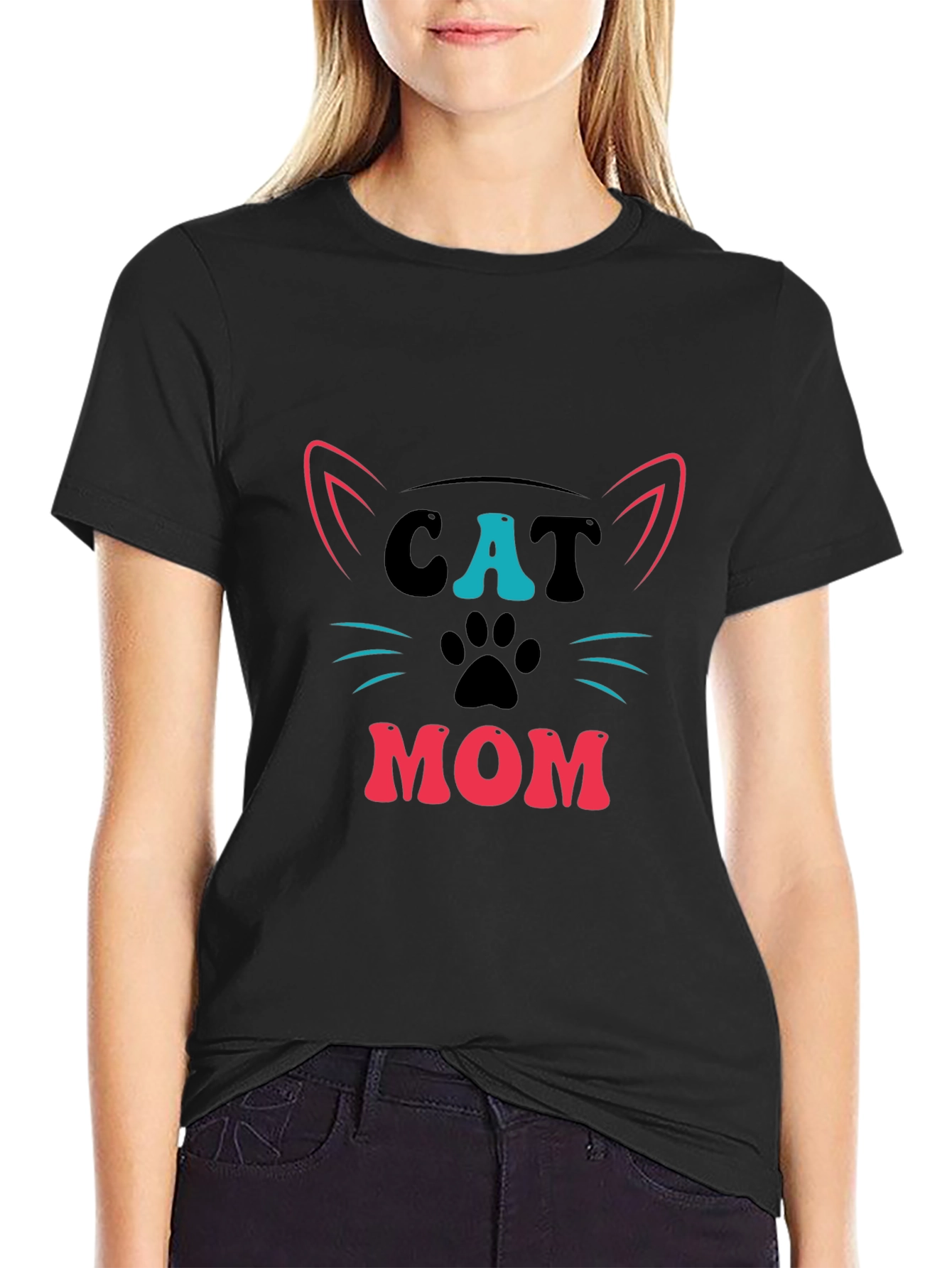 Cat Mom Graphic Tee - Black Cotton T-Shirt
