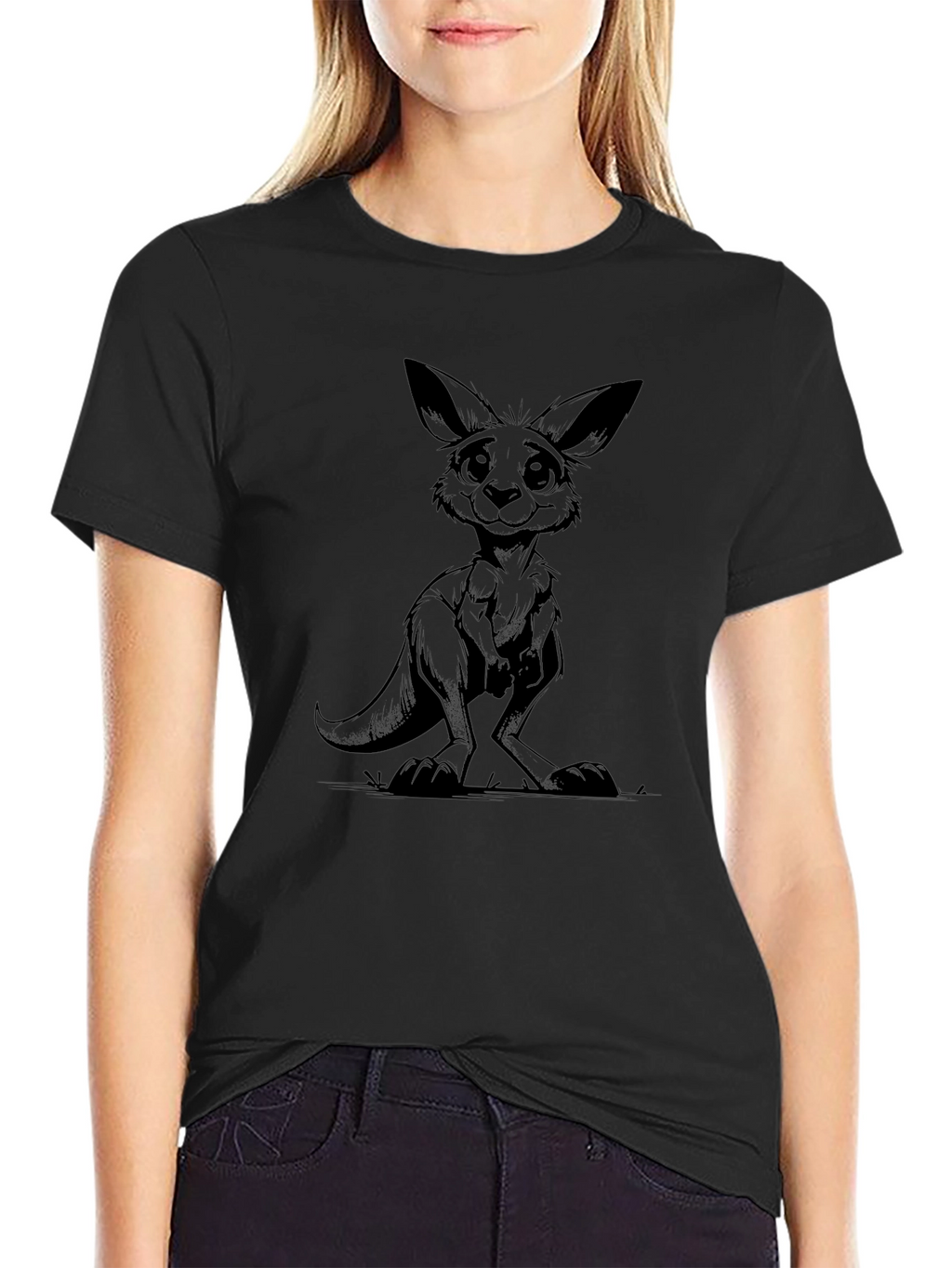 Cartoon Kangaroo Black T-Shirt