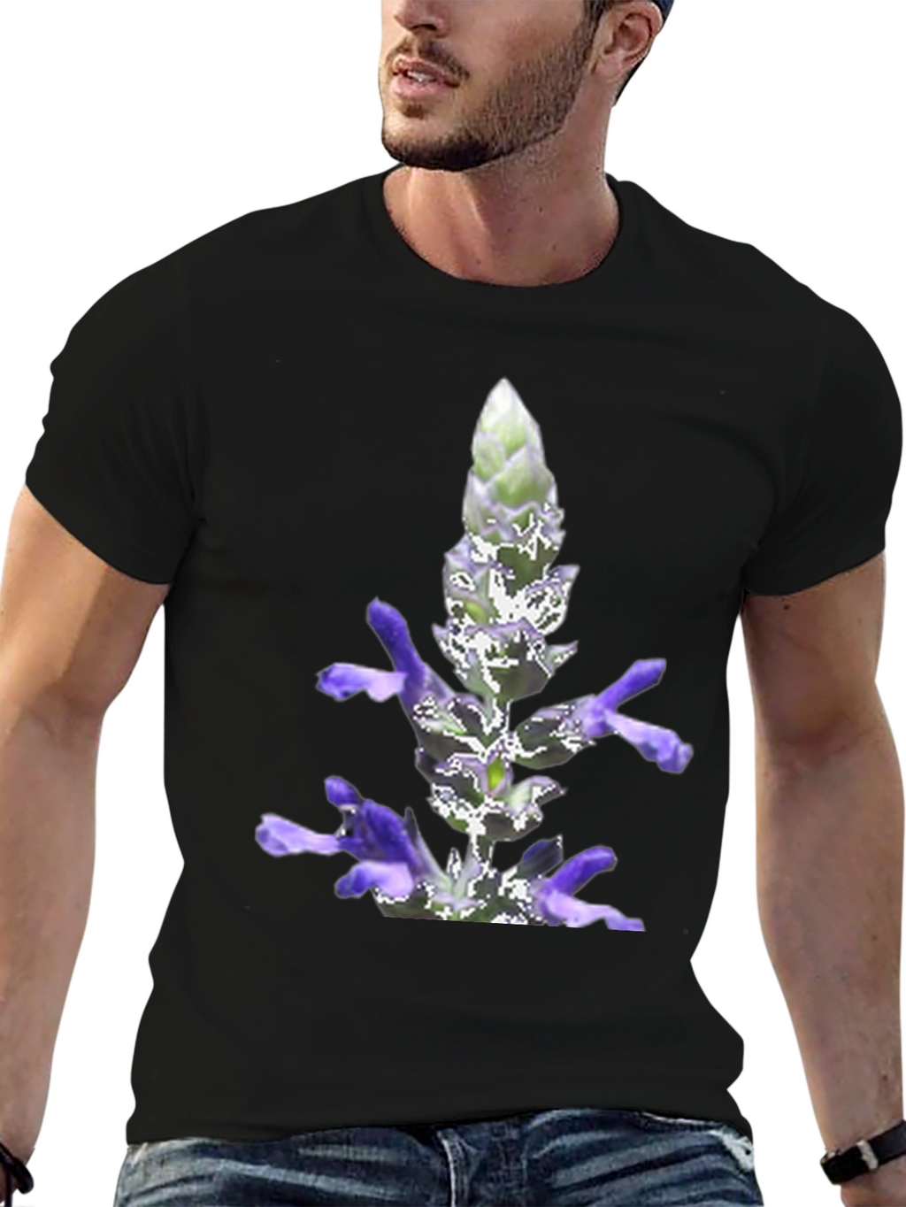 Black T-Shirt with Lavender Flower Print