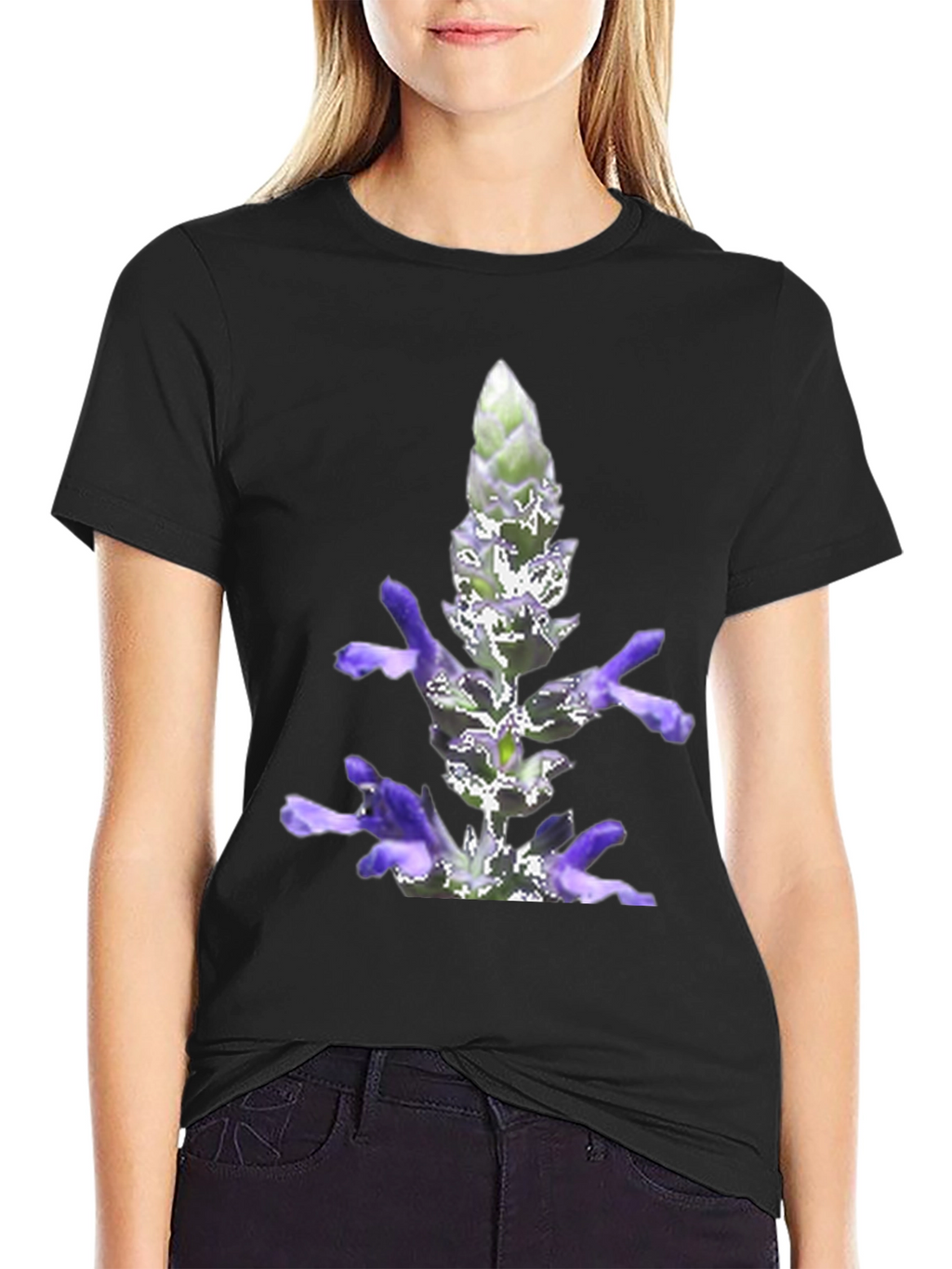 Black T-Shirt with Lavender Flower Print