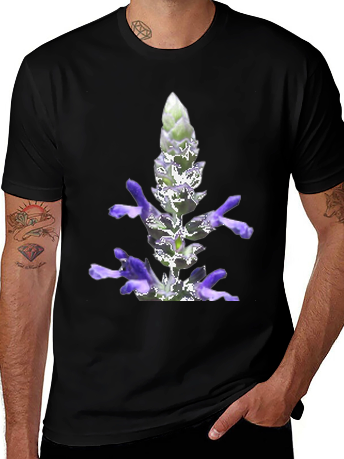 Black T-Shirt with Lavender Flower Print