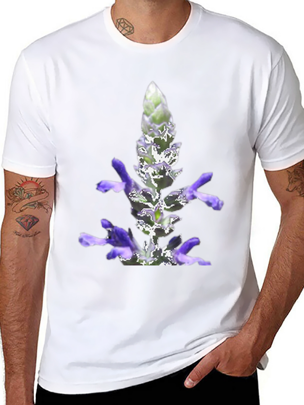 Black T-Shirt with Lavender Flower Print