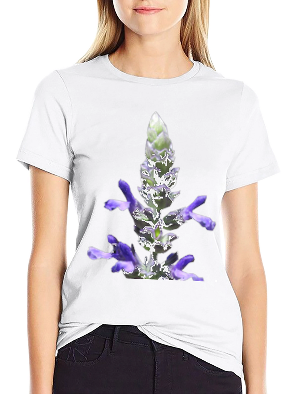 Black T-Shirt with Lavender Flower Print