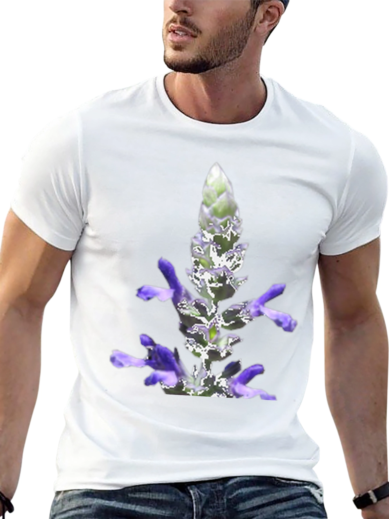 Black T-Shirt with Lavender Flower Print