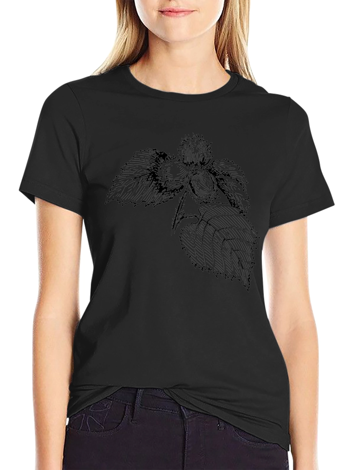Botanical Print Black Tee - Nature Inspired Fashion
