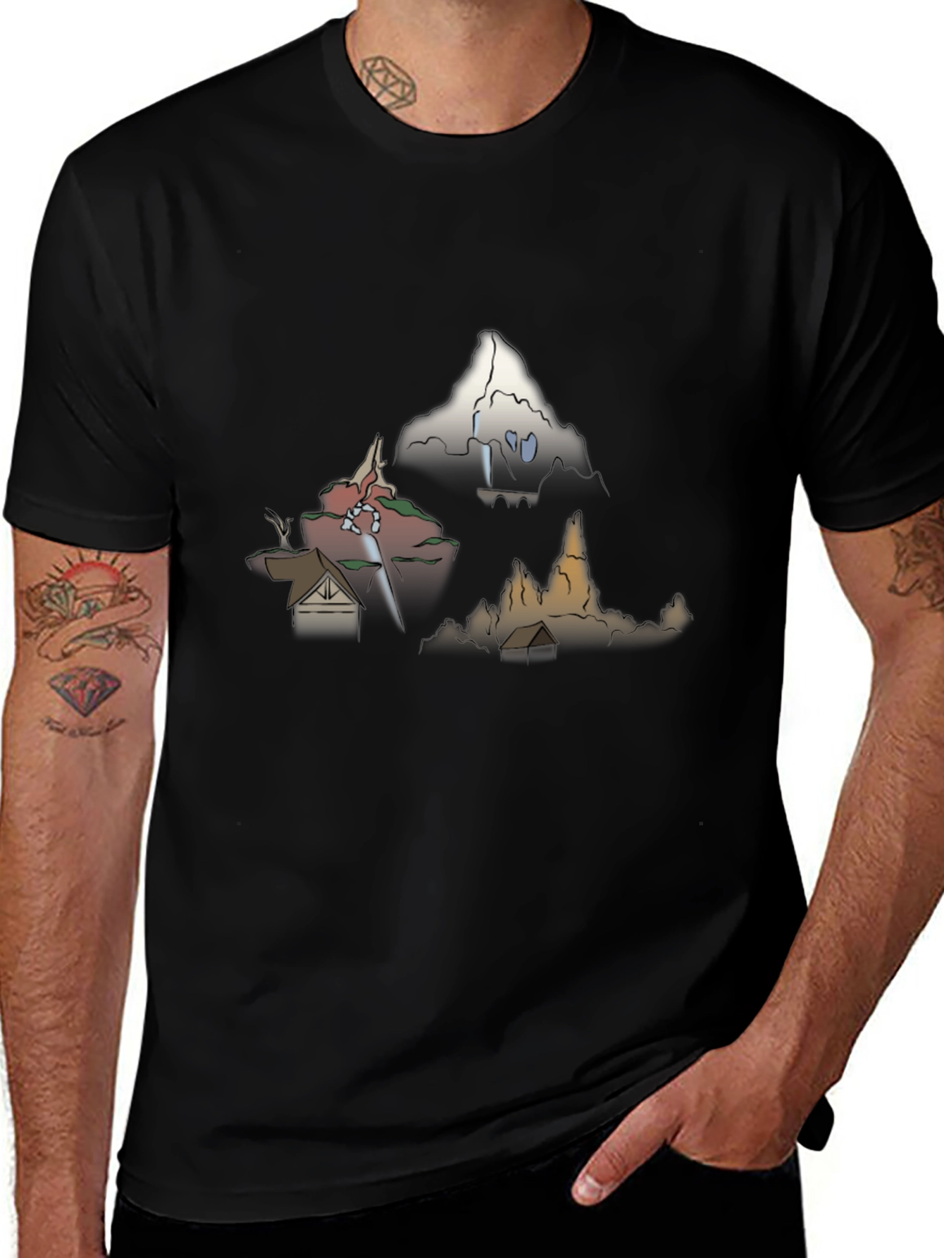 Mens Graphic Tee - Cartoon Landscape Print