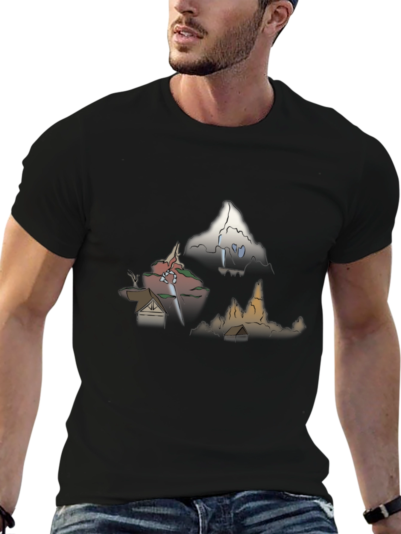 Mens Graphic Tee - Cartoon Landscape Print