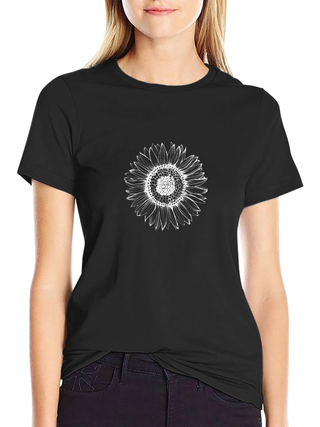 Mens Black T-Shirt with White Sunflower Design