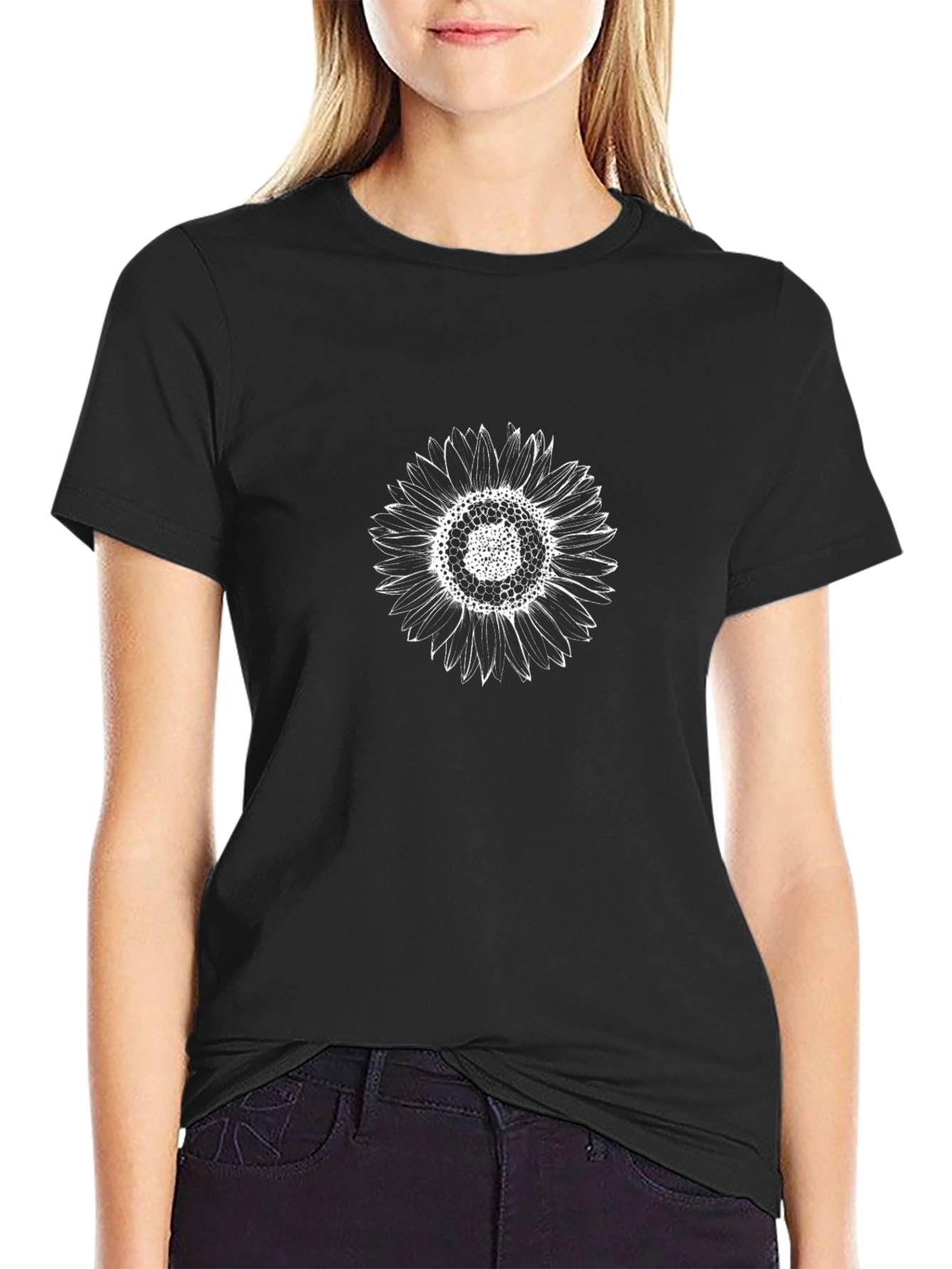 Mens Black T-Shirt with White Sunflower Design