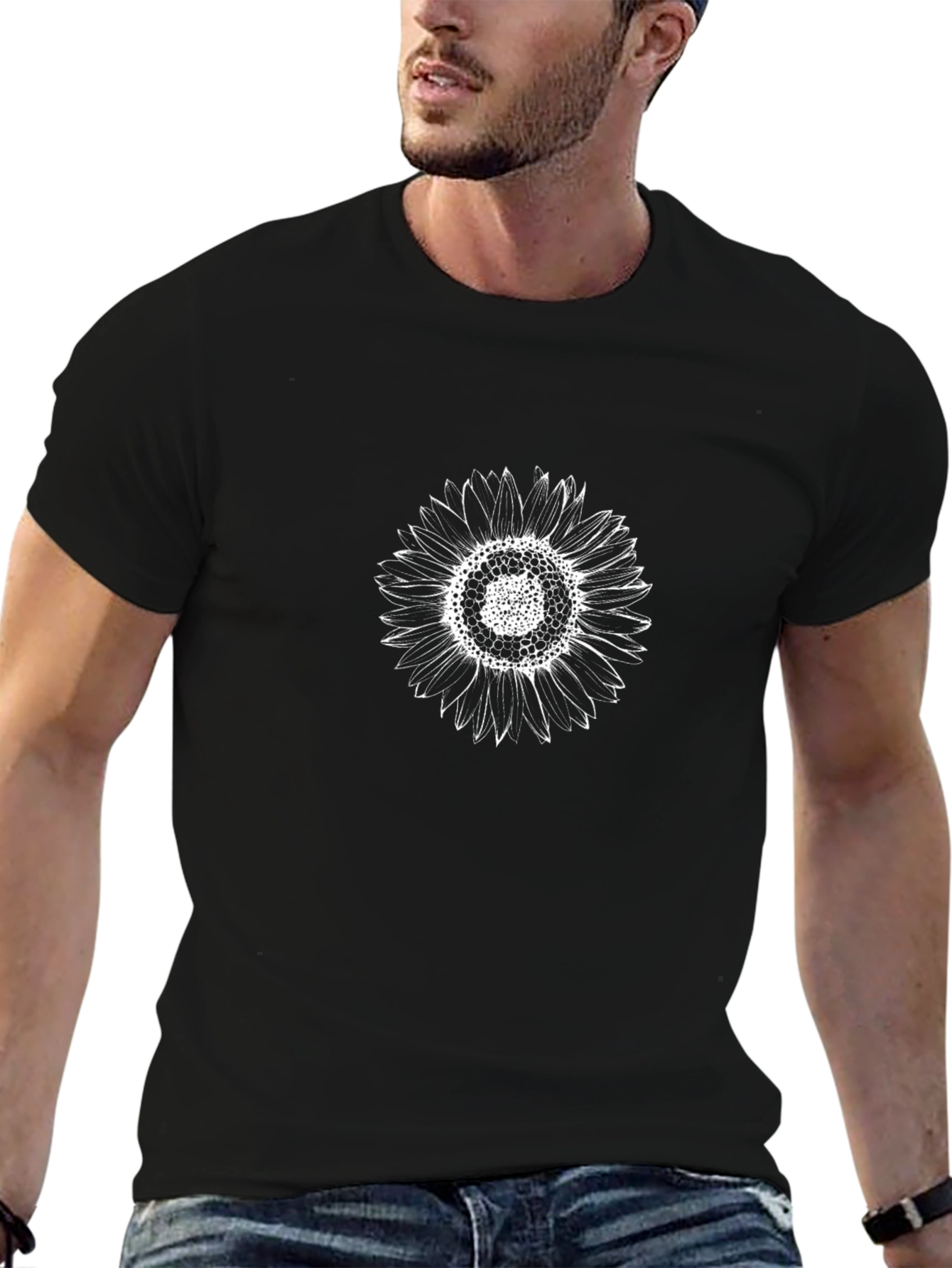 Mens Black T-Shirt with White Sunflower Design