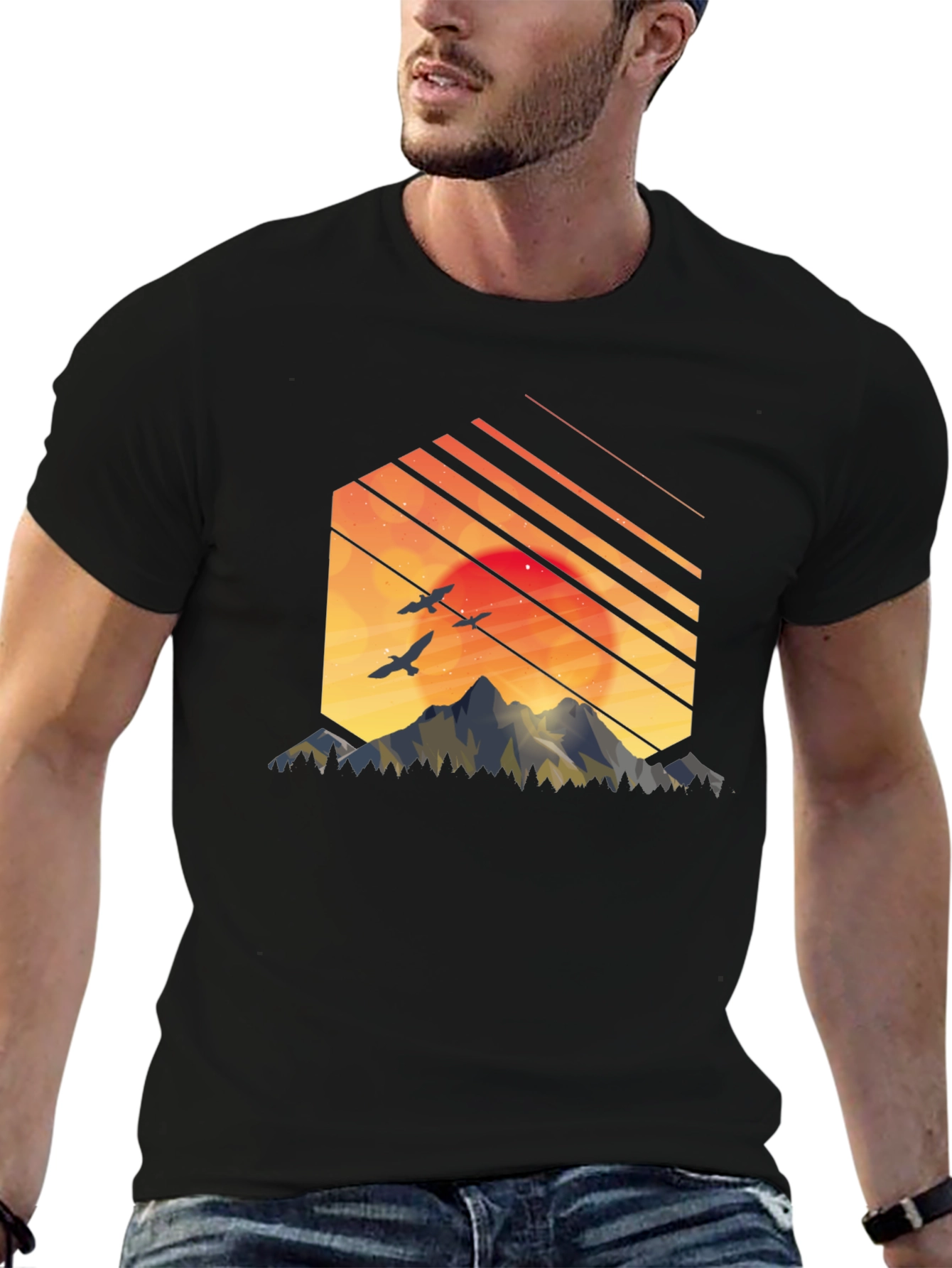 Sunset Mountain Graphic Tee - Stylish Black T-Shirt