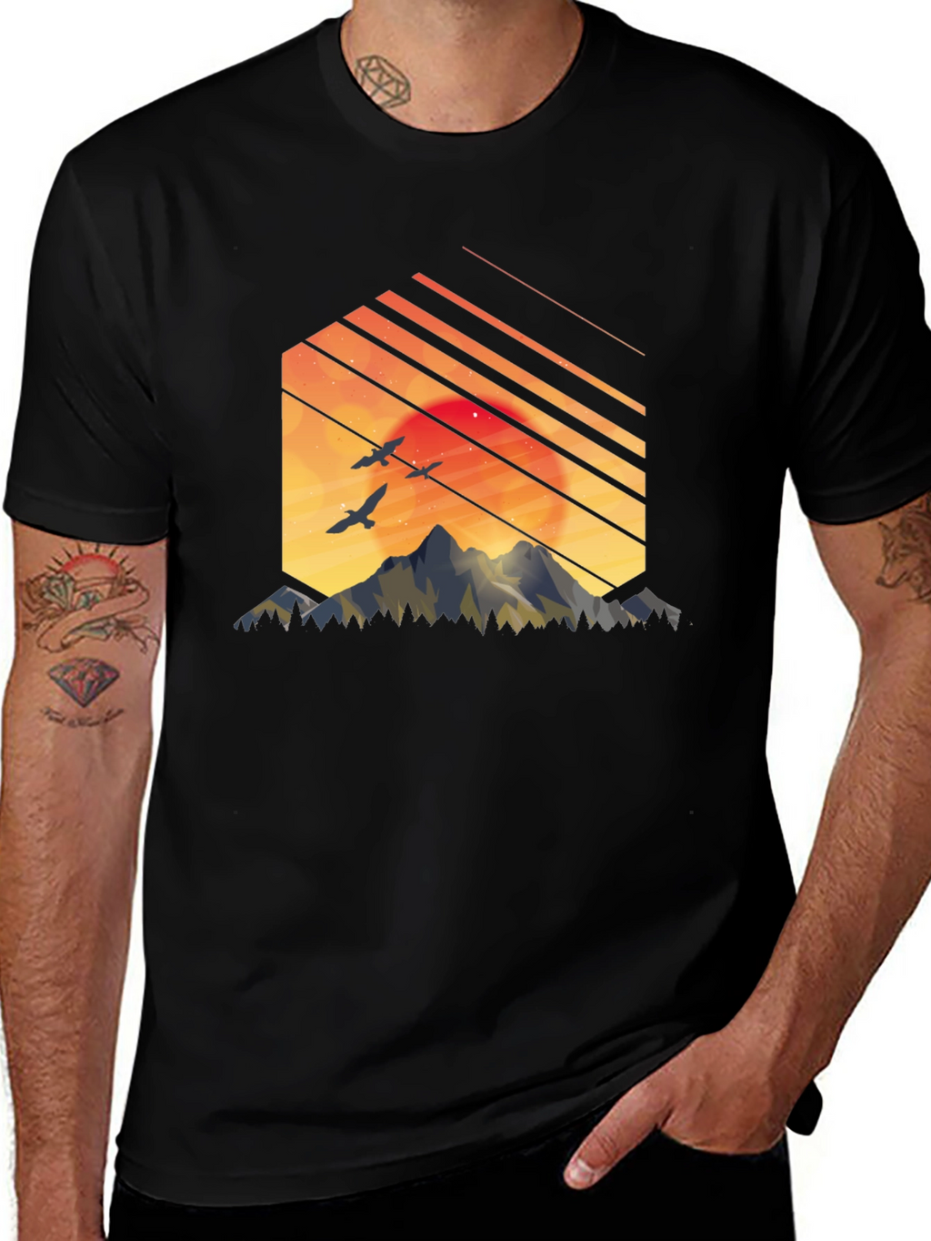 Sunset Mountain Graphic Tee - Stylish Black T-Shirt