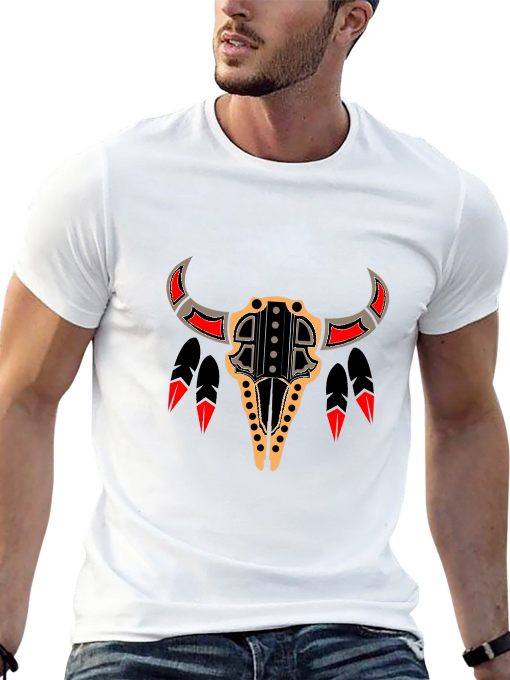 Tribal Bull Skull Graphic Tee - Black