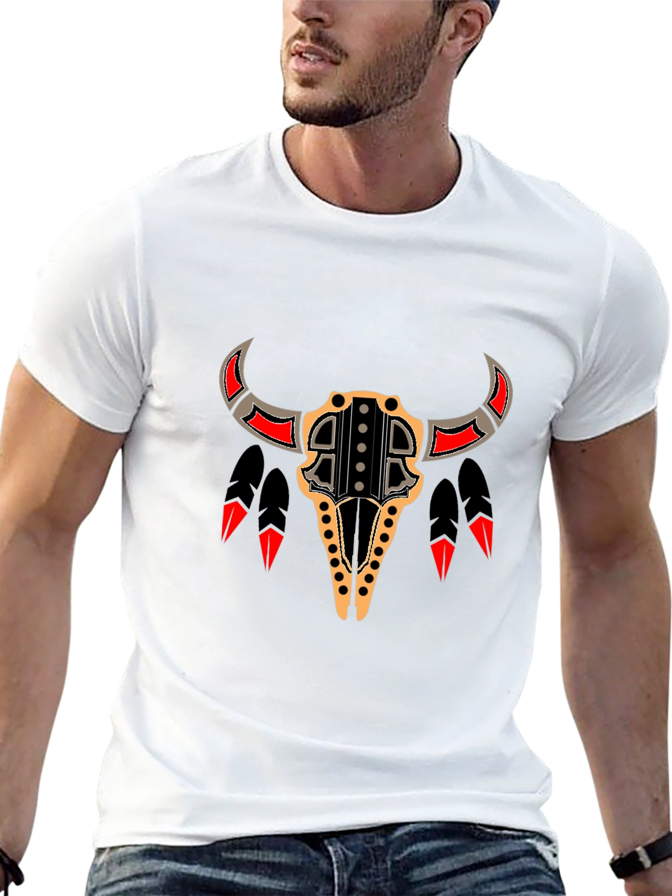 Tribal Bull Skull Graphic Tee - Black