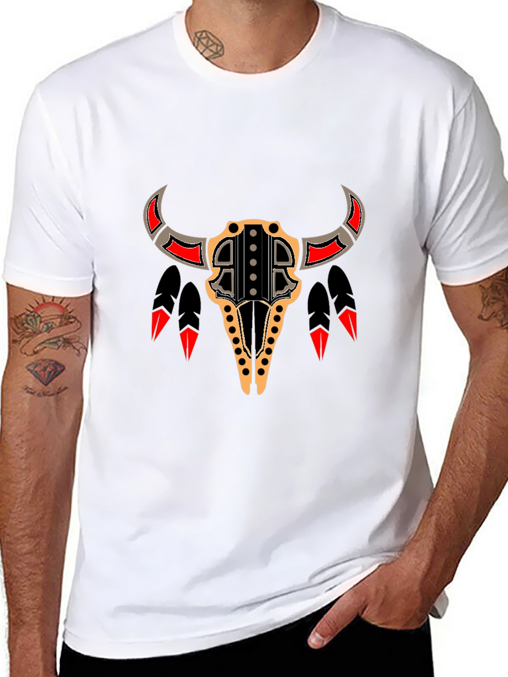 Tribal Bull Skull Graphic Tee - Black