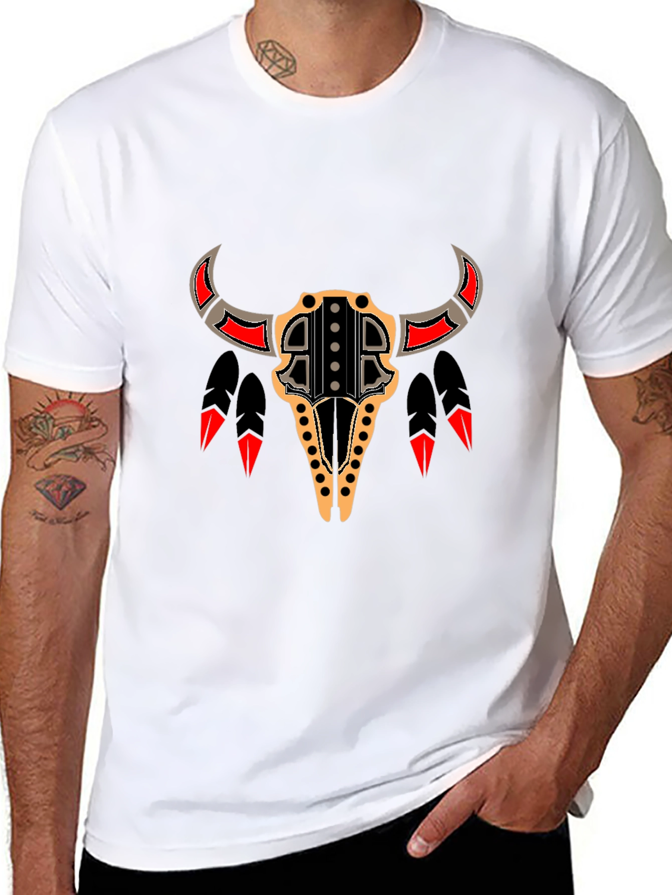 Tribal Bull Skull Graphic Tee - Black