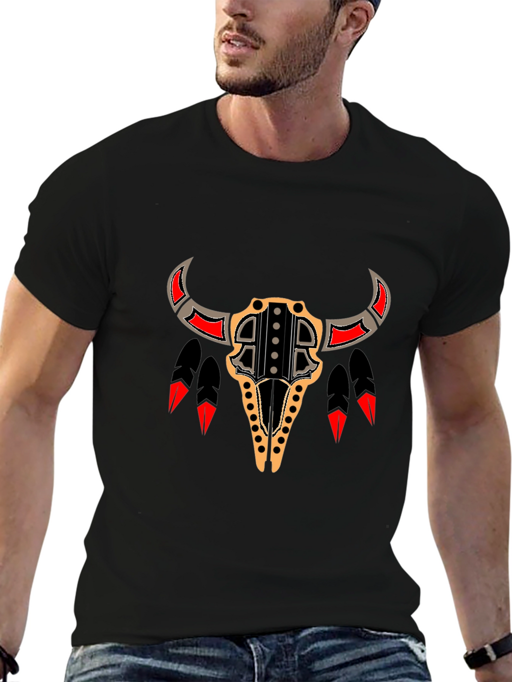 Tribal Bull Skull Graphic Tee - Black