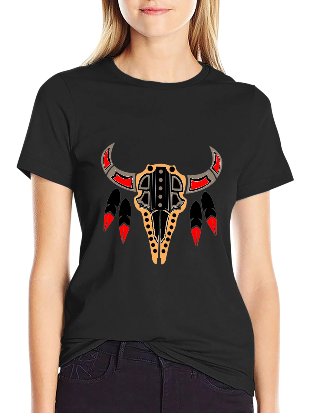 Tribal Bull Skull Graphic Tee - Black