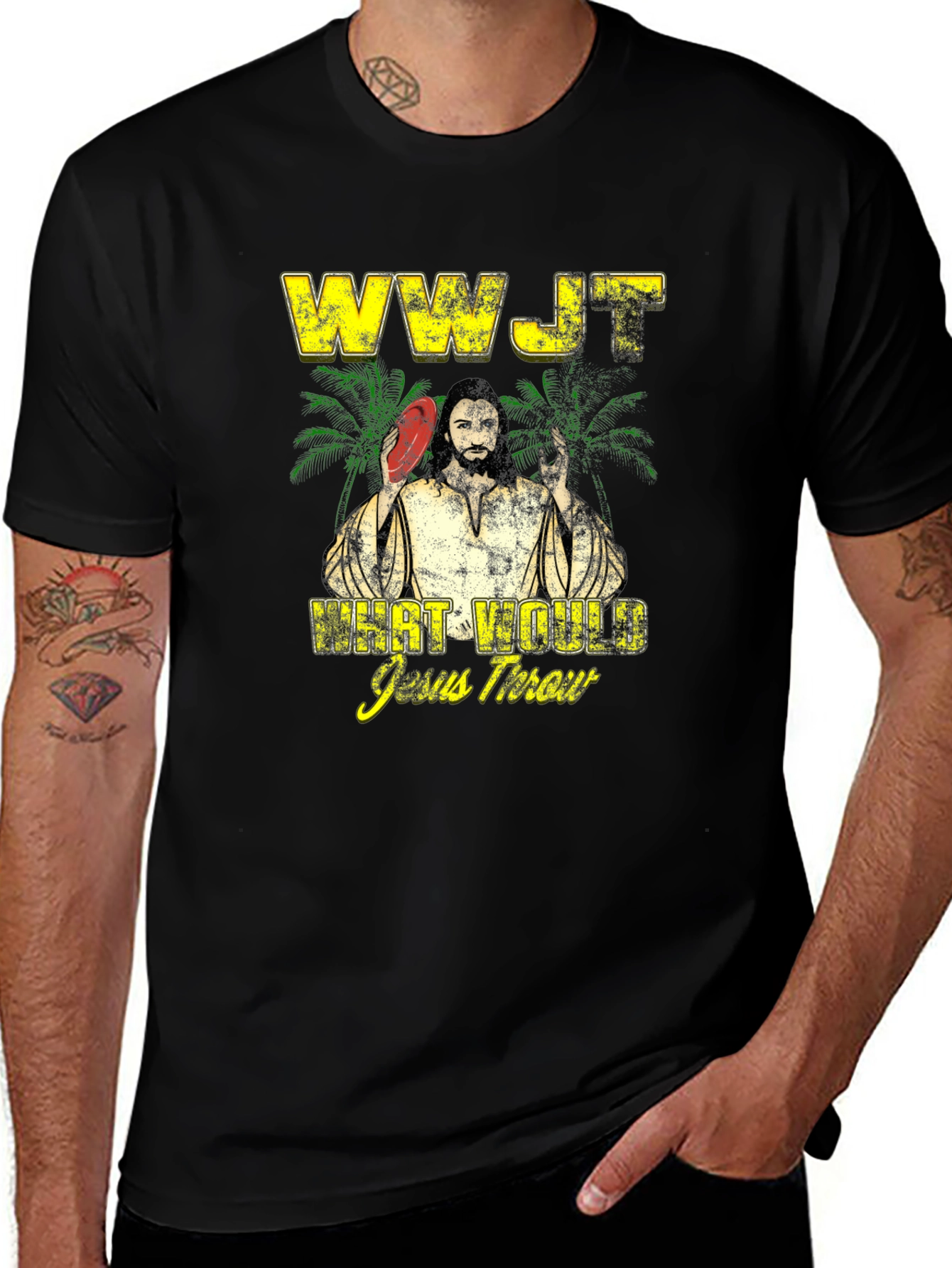 WWJT What Would Jesus Throw Black Graphic T-Shirt