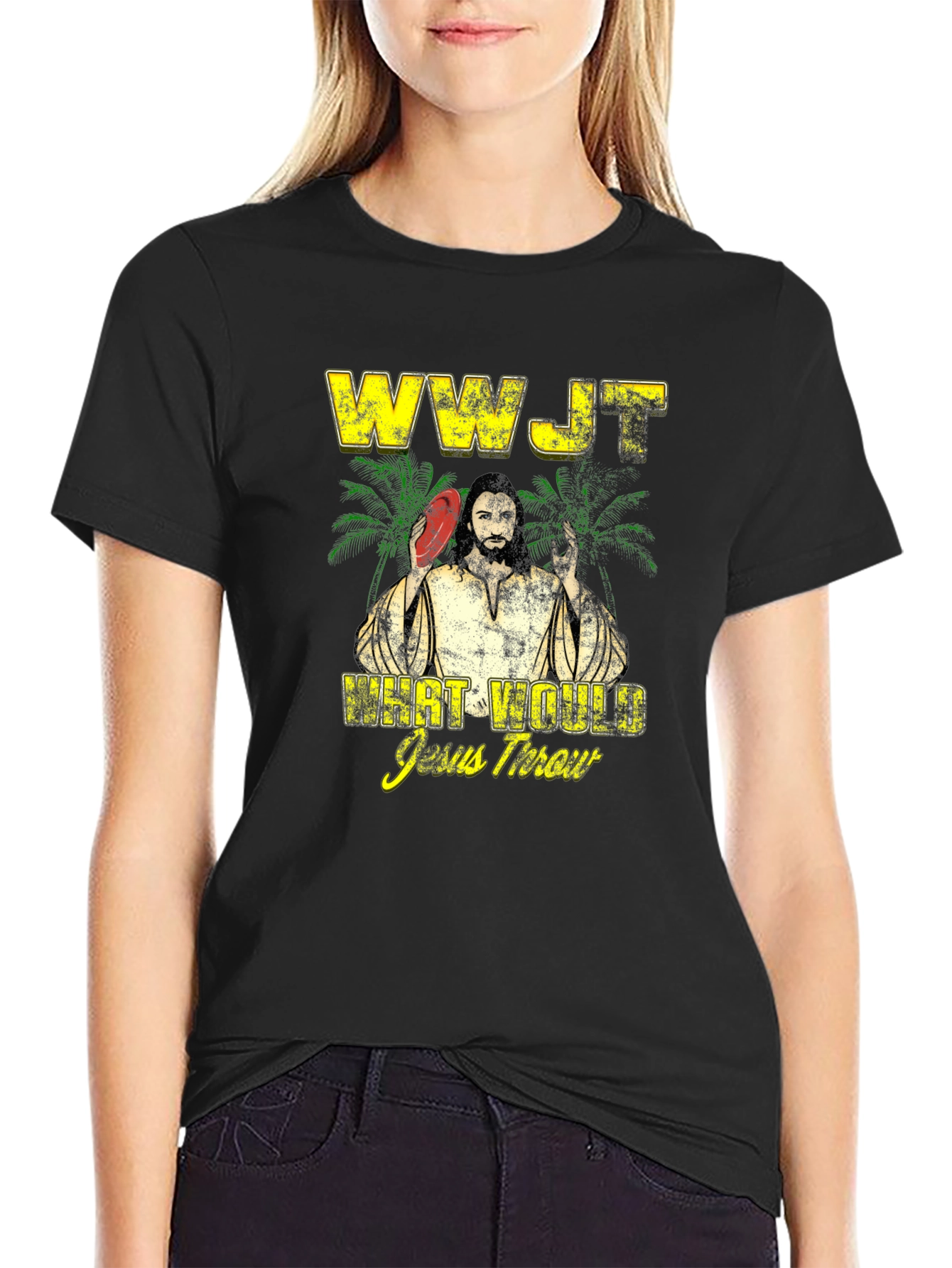 WWJT What Would Jesus Throw Black Graphic T-Shirt