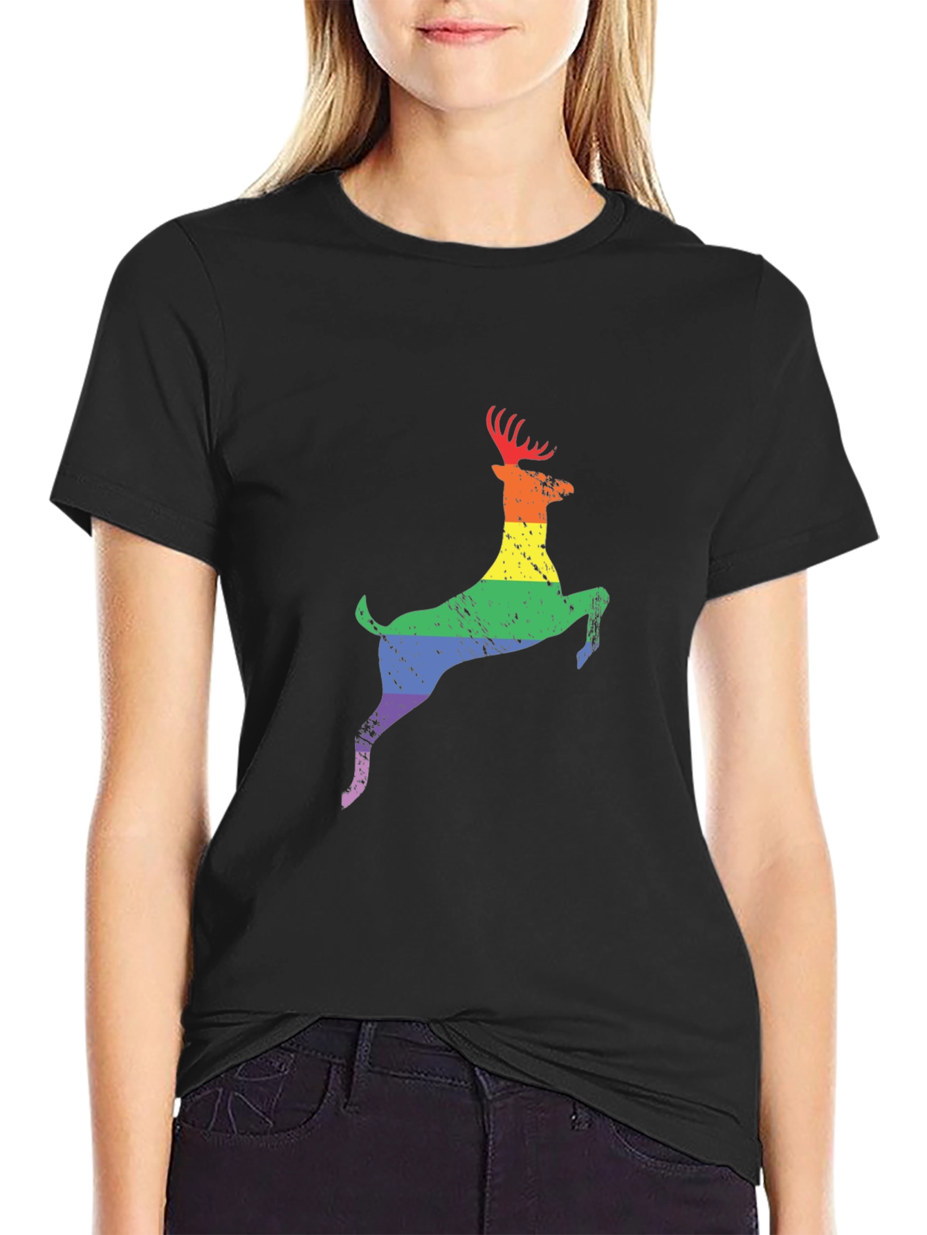 Rainbow Deer Graphic Tee - Black T-Shirt