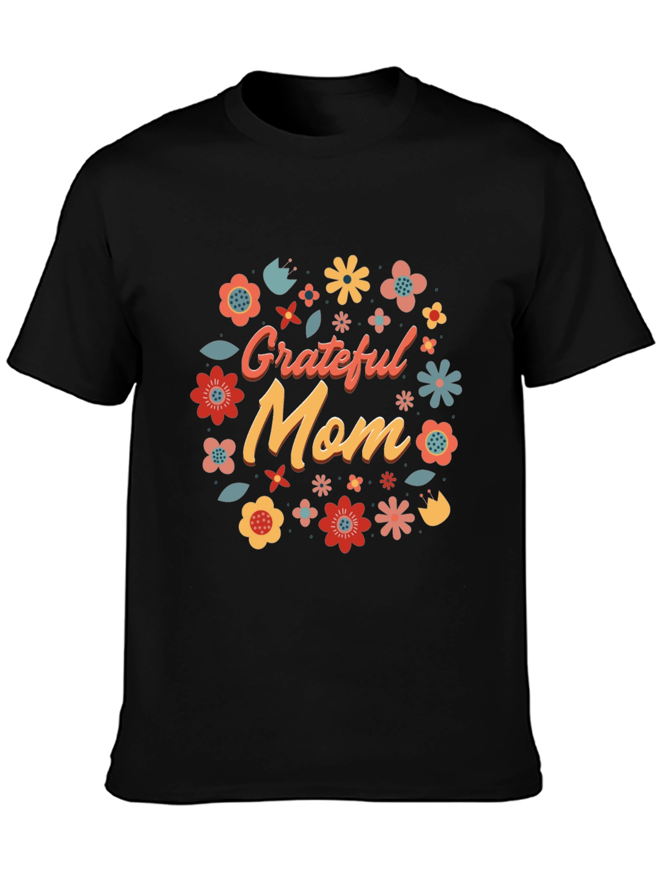 Grateful Mom Floral Graphic Tee - Black