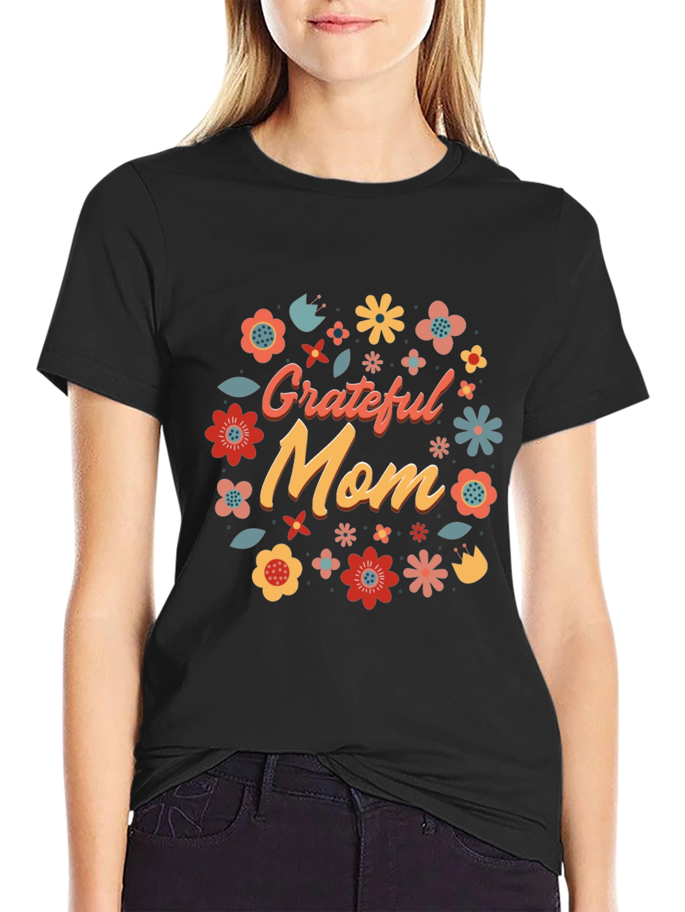 Grateful Mom Floral Graphic Tee - Black