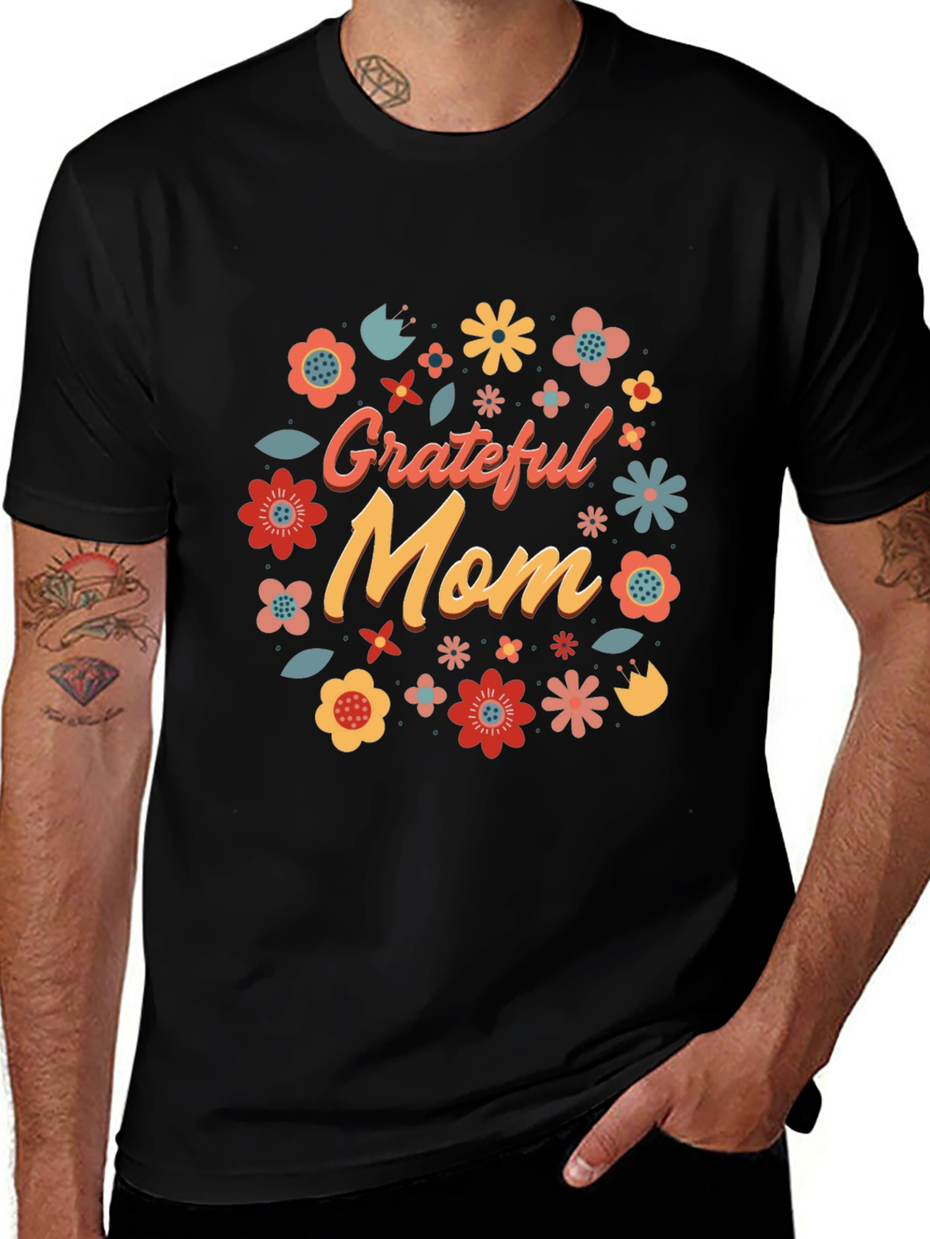 Grateful Mom Floral Graphic Tee - Black