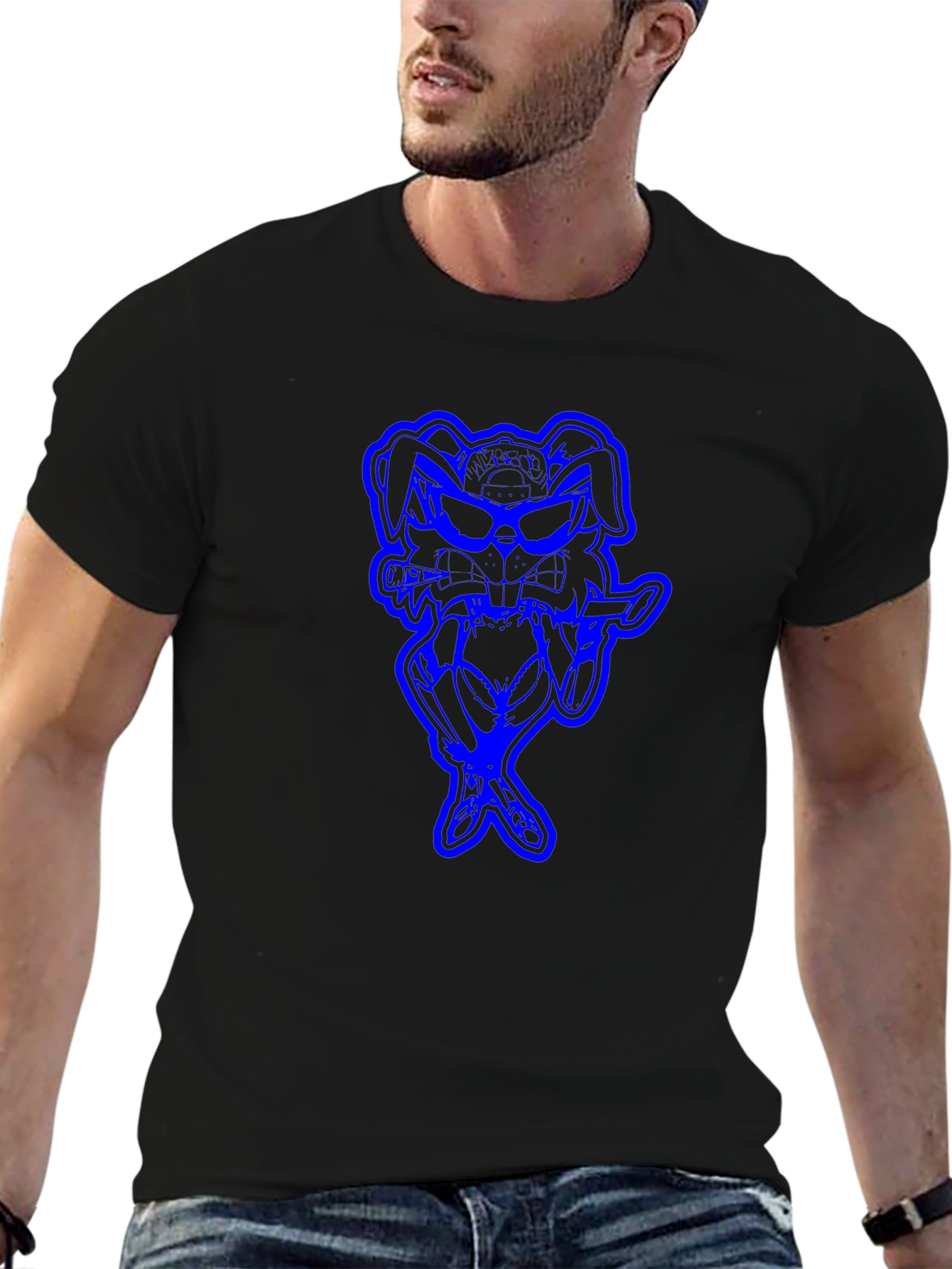 Cool Blue Bunny Graphic Black T-Shirt