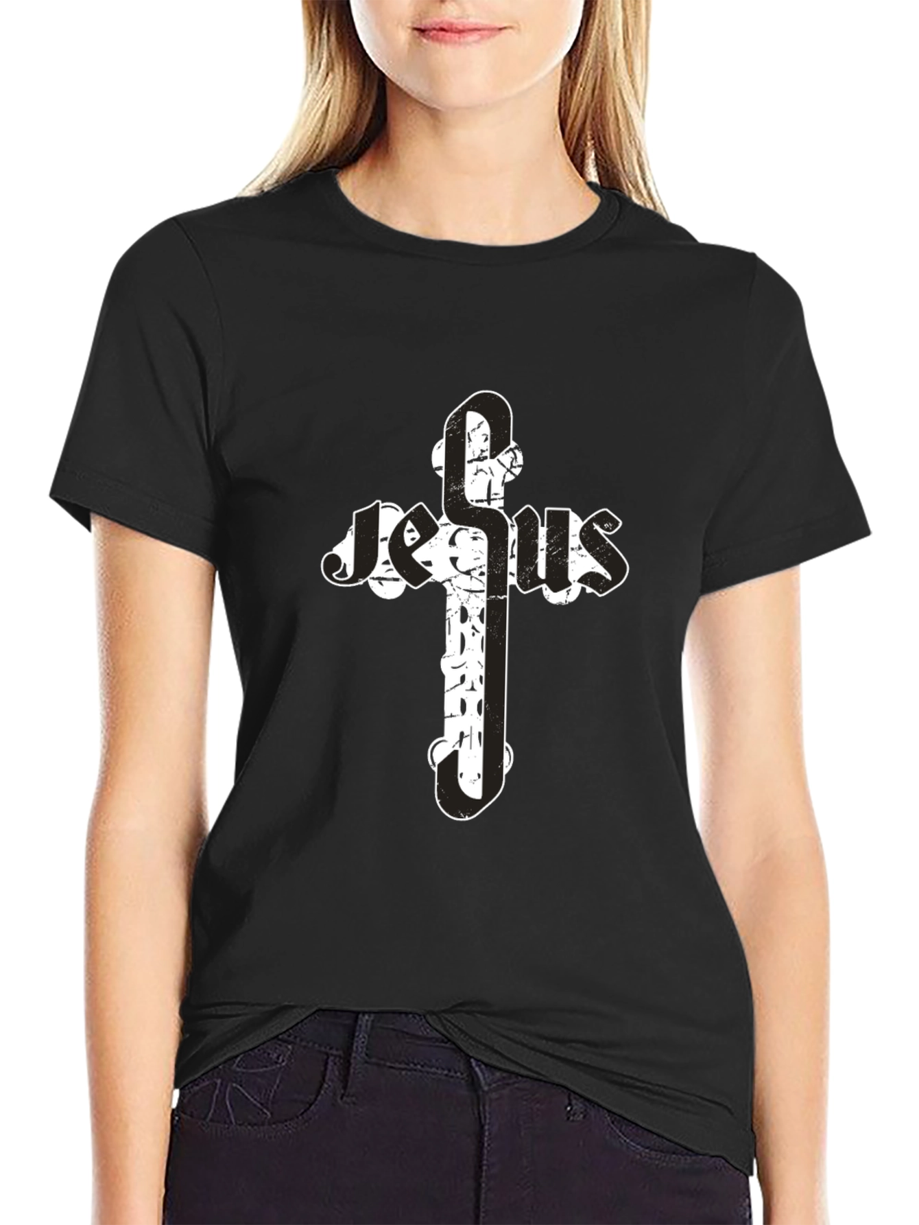Jesus Cross Graphic T-Shirt - Black Cotton Blend