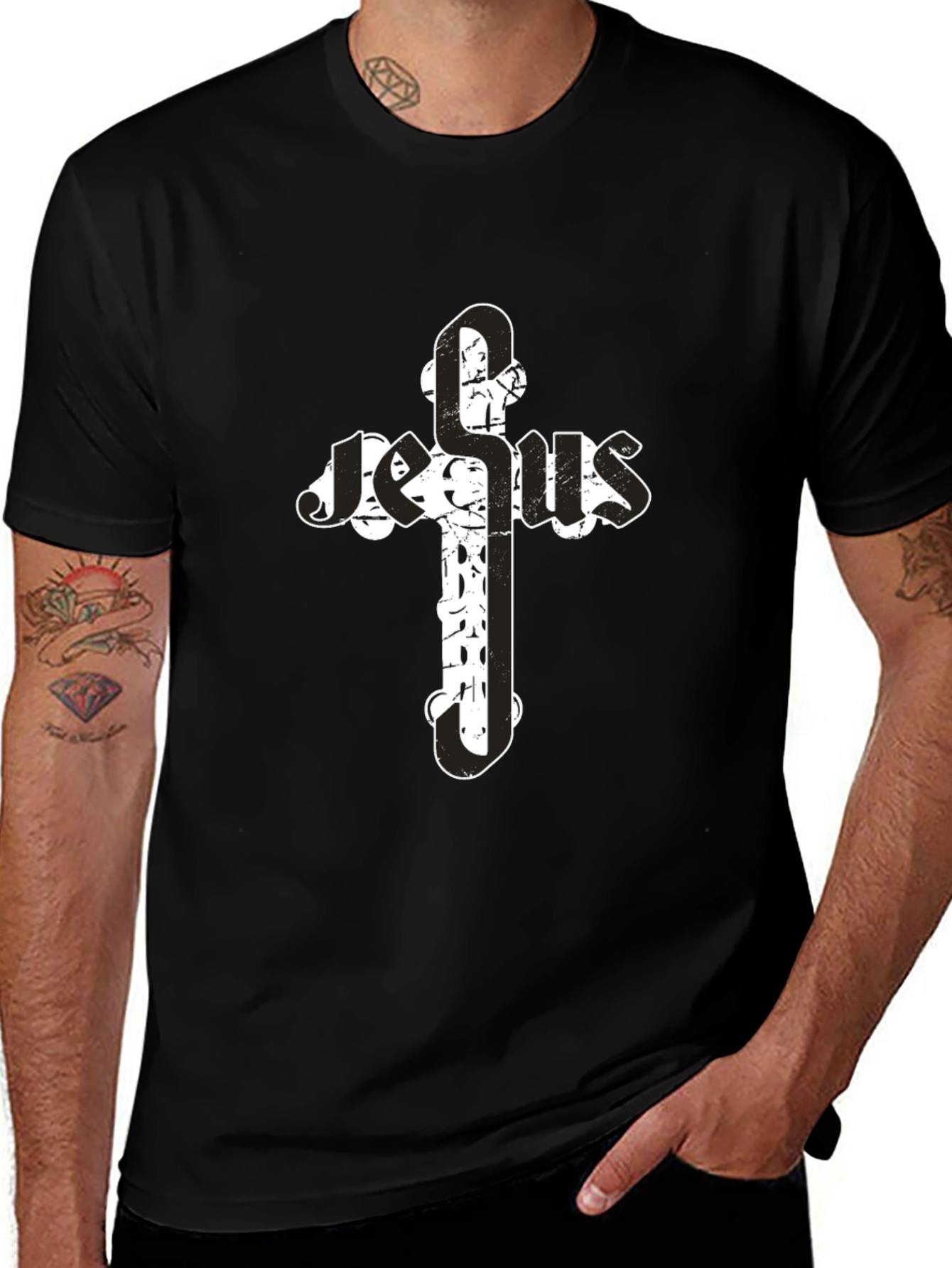 Jesus Cross Graphic T-Shirt - Black Cotton Blend