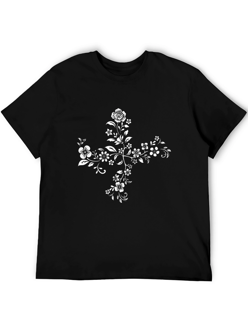 Floral Cross Graphic Tee - Elegant Black T-Shirt