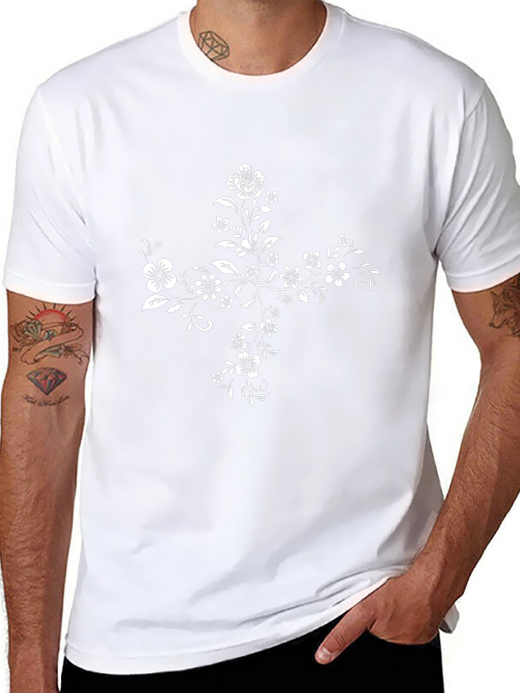 Floral Cross Graphic Tee - Elegant Black T-Shirt