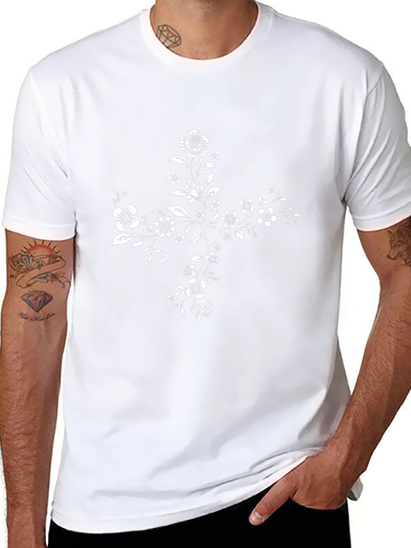 Floral Cross Graphic Tee - Elegant Black T-Shirt