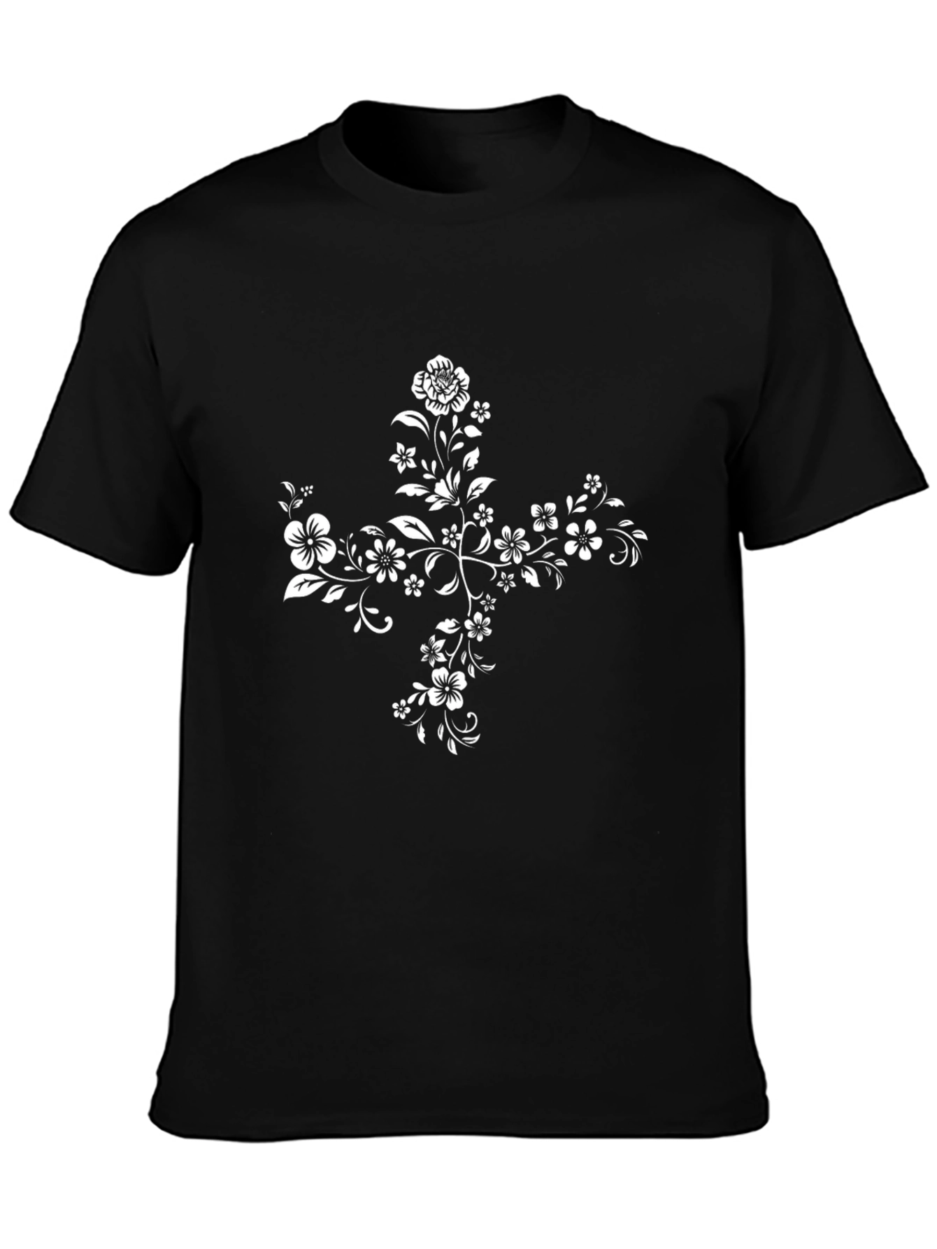 Floral Cross Graphic Tee - Elegant Black T-Shirt