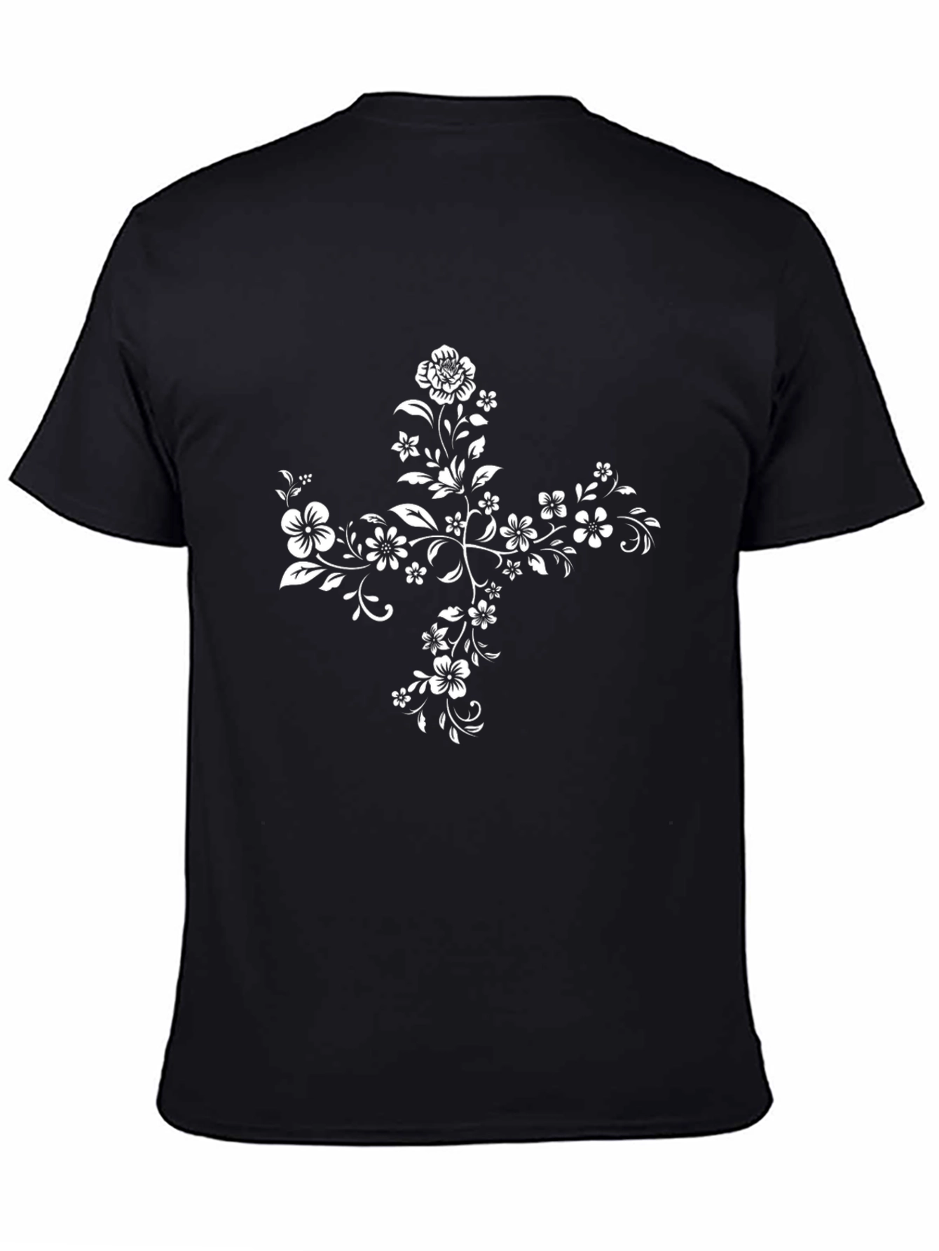 Floral Cross Graphic Tee - Elegant Black T-Shirt