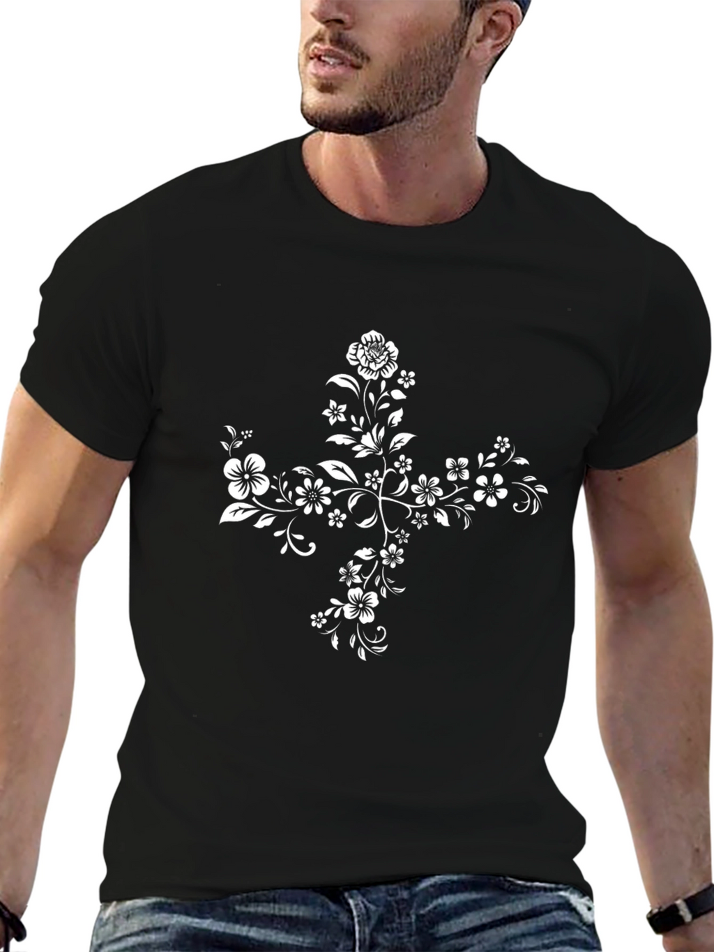 Floral Cross Graphic Tee - Elegant Black T-Shirt