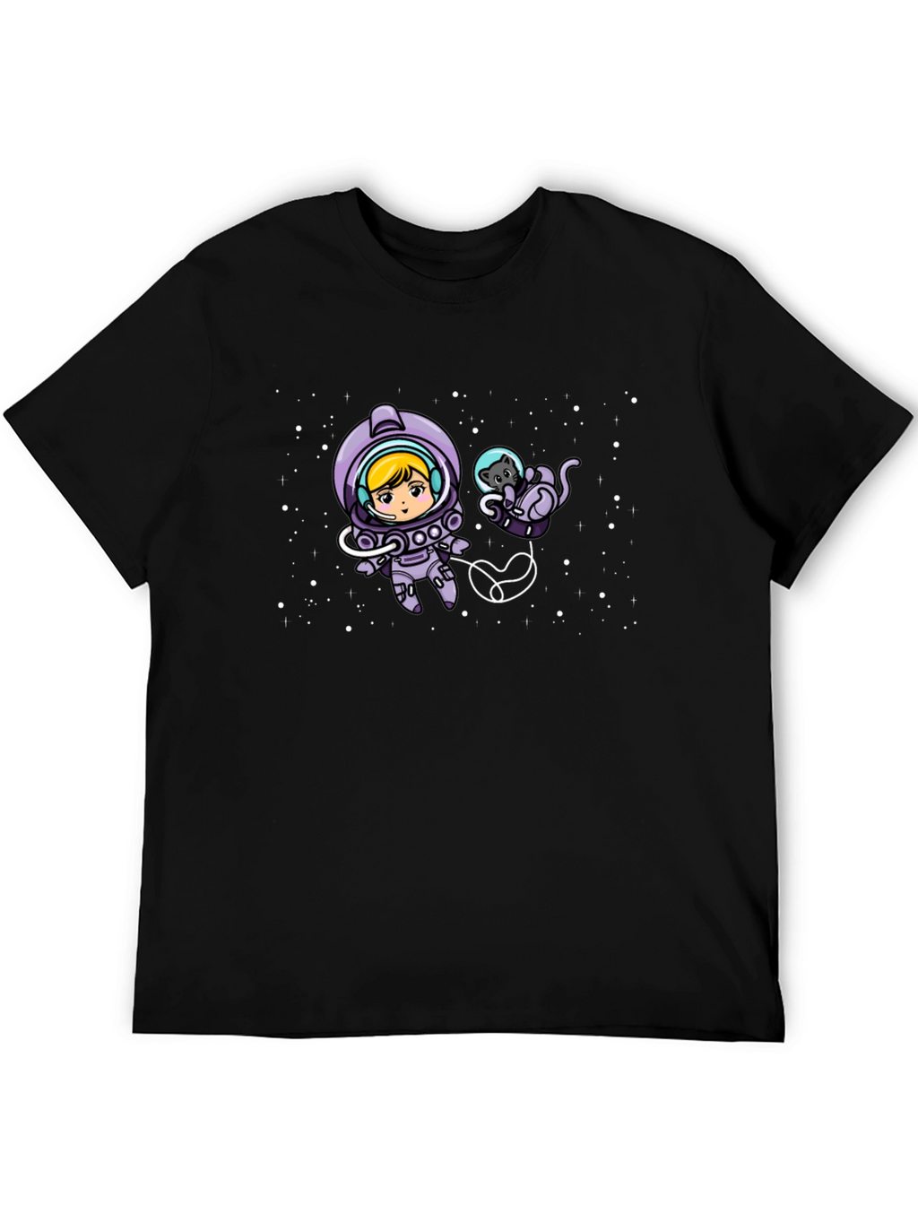Astronaut Girl & Cat Space Black T-Shirt