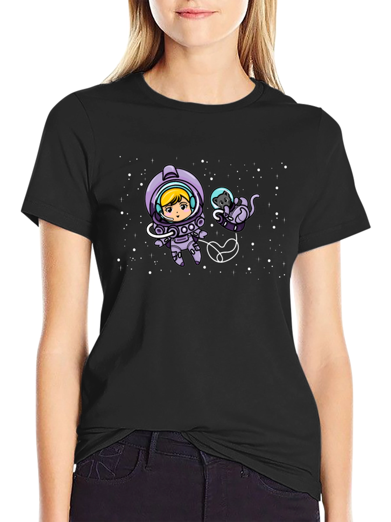 Astronaut Girl & Cat Space Black T-Shirt